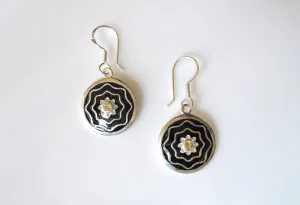 Dainty, round earrings with citrine and fine black enamel work