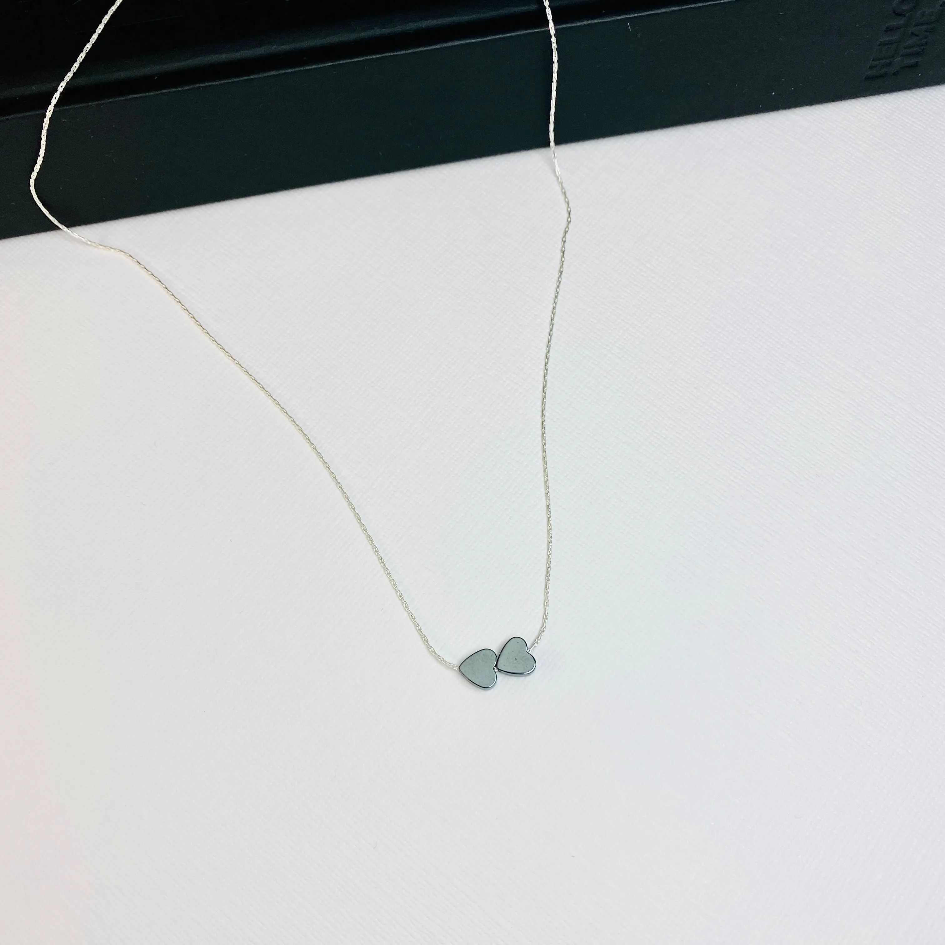Dainty Silver Necklace with Two Hematite Heart Beads