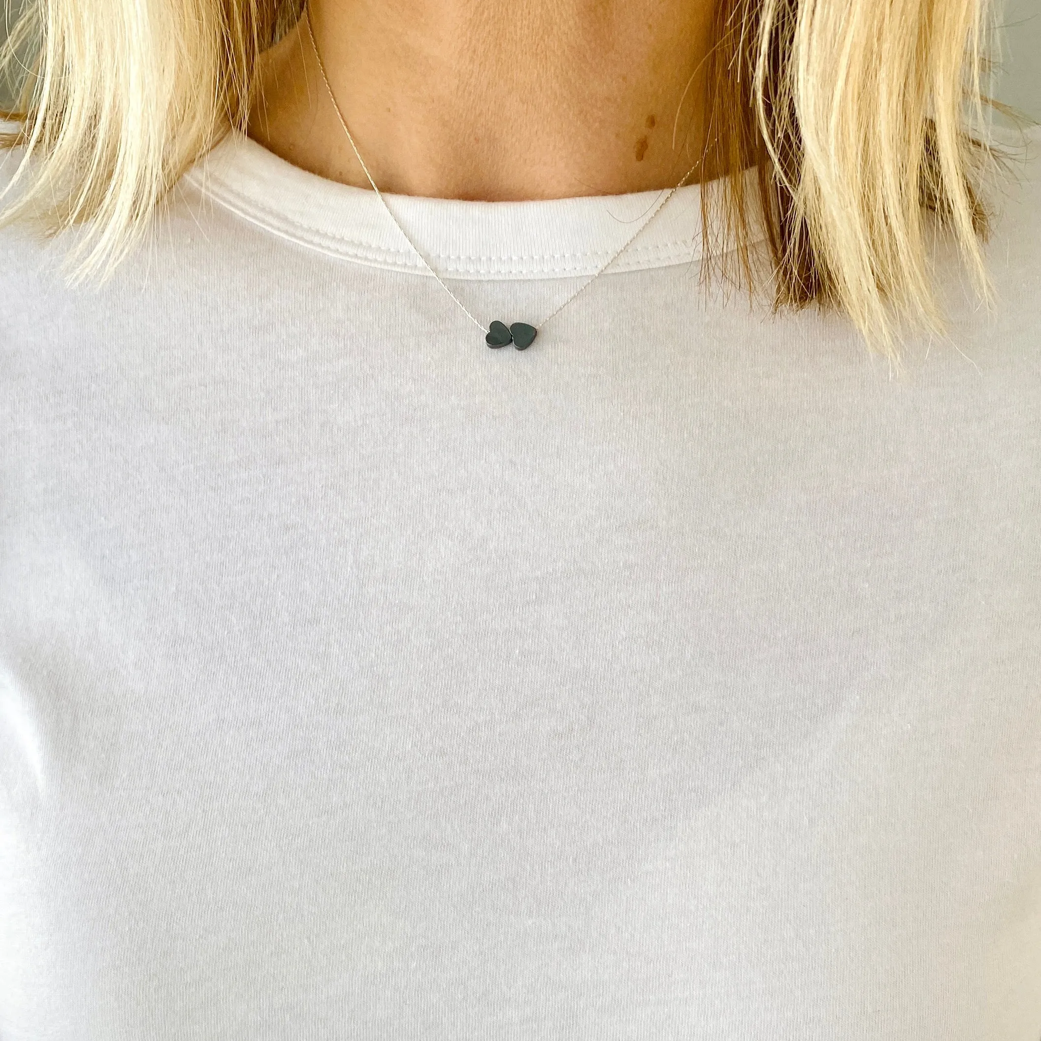 Dainty Silver Necklace with Two Hematite Heart Beads