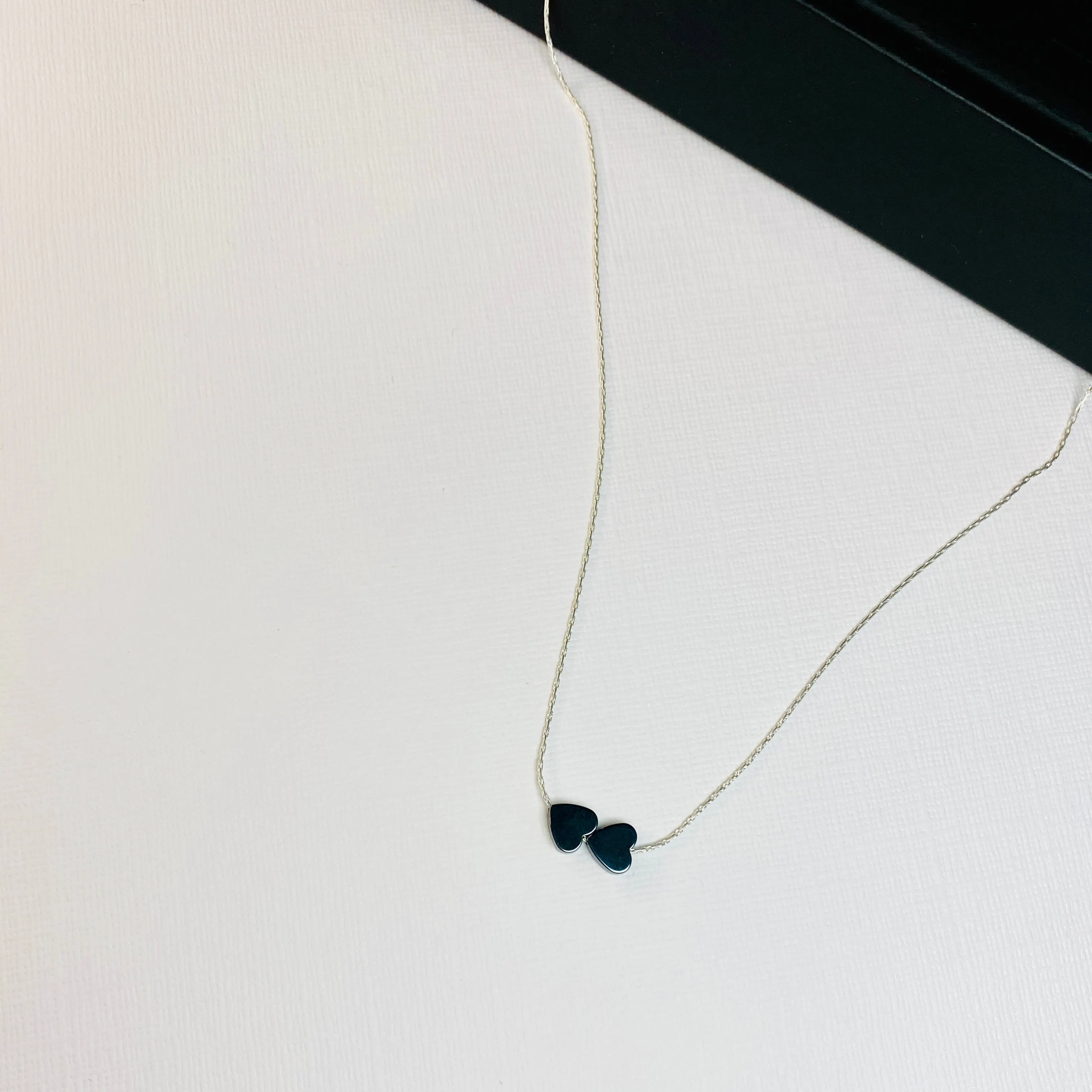 Dainty Silver Necklace with Two Hematite Heart Beads