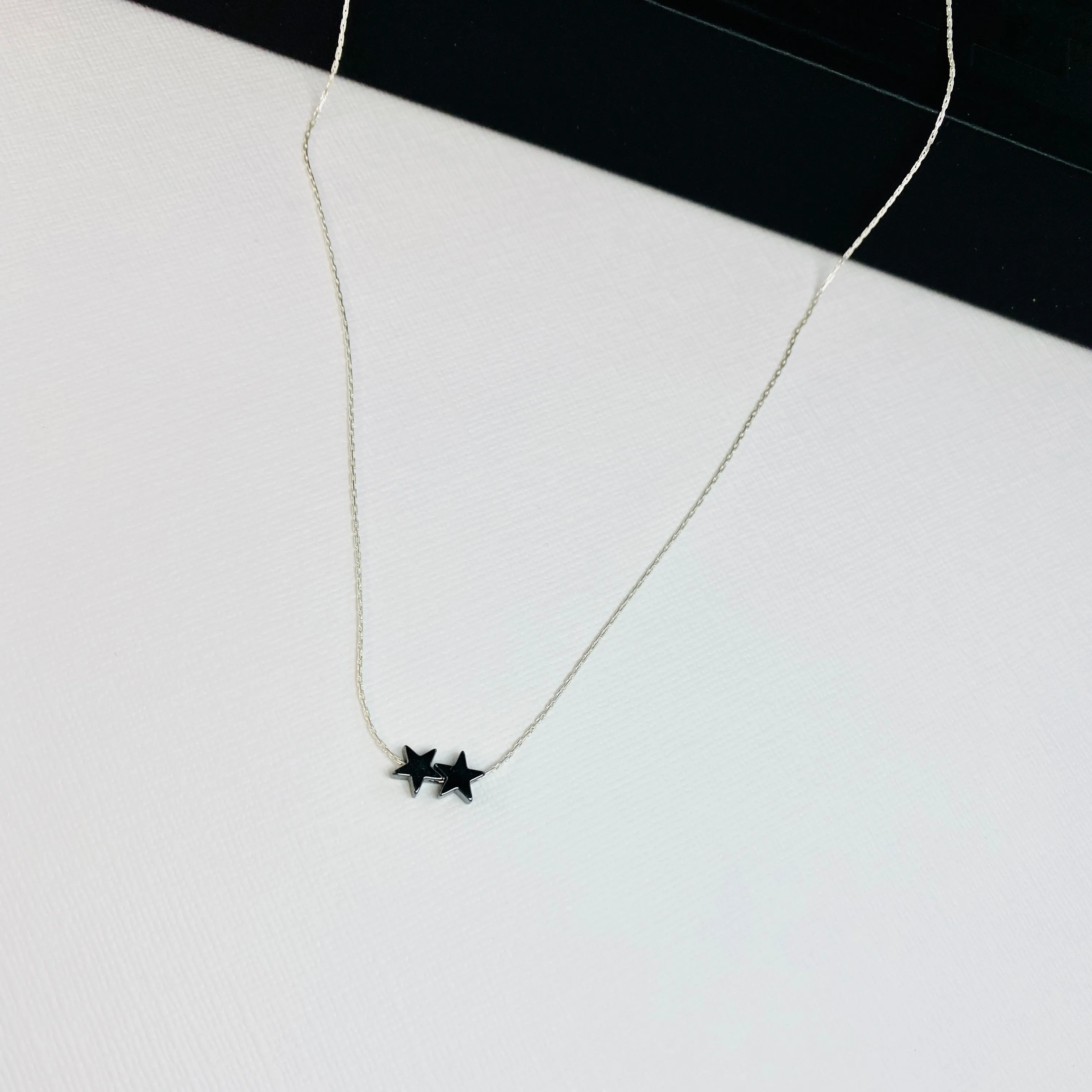 Dainty Silver Necklace with Two Hematite Star Beads