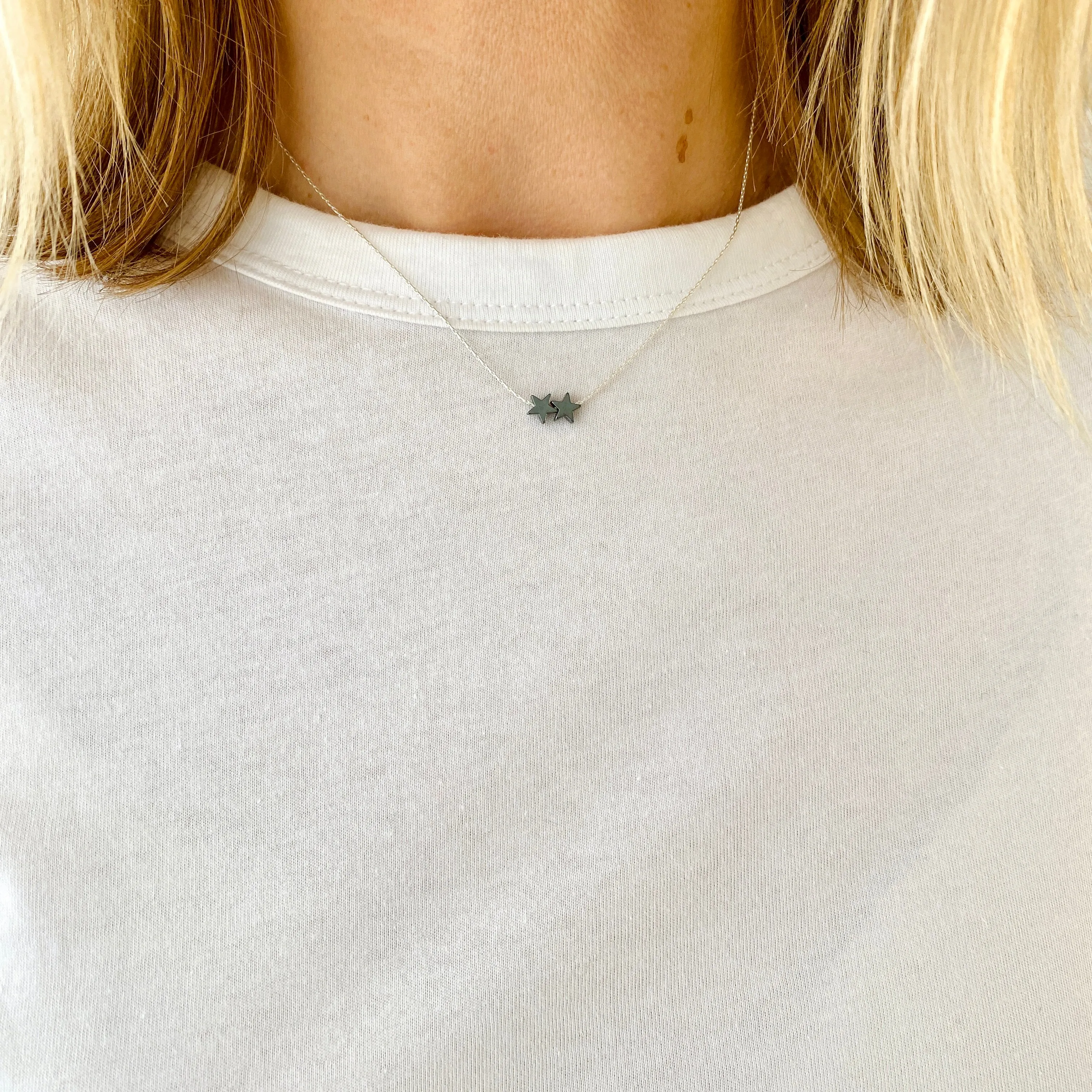 Dainty Silver Necklace with Two Hematite Star Beads