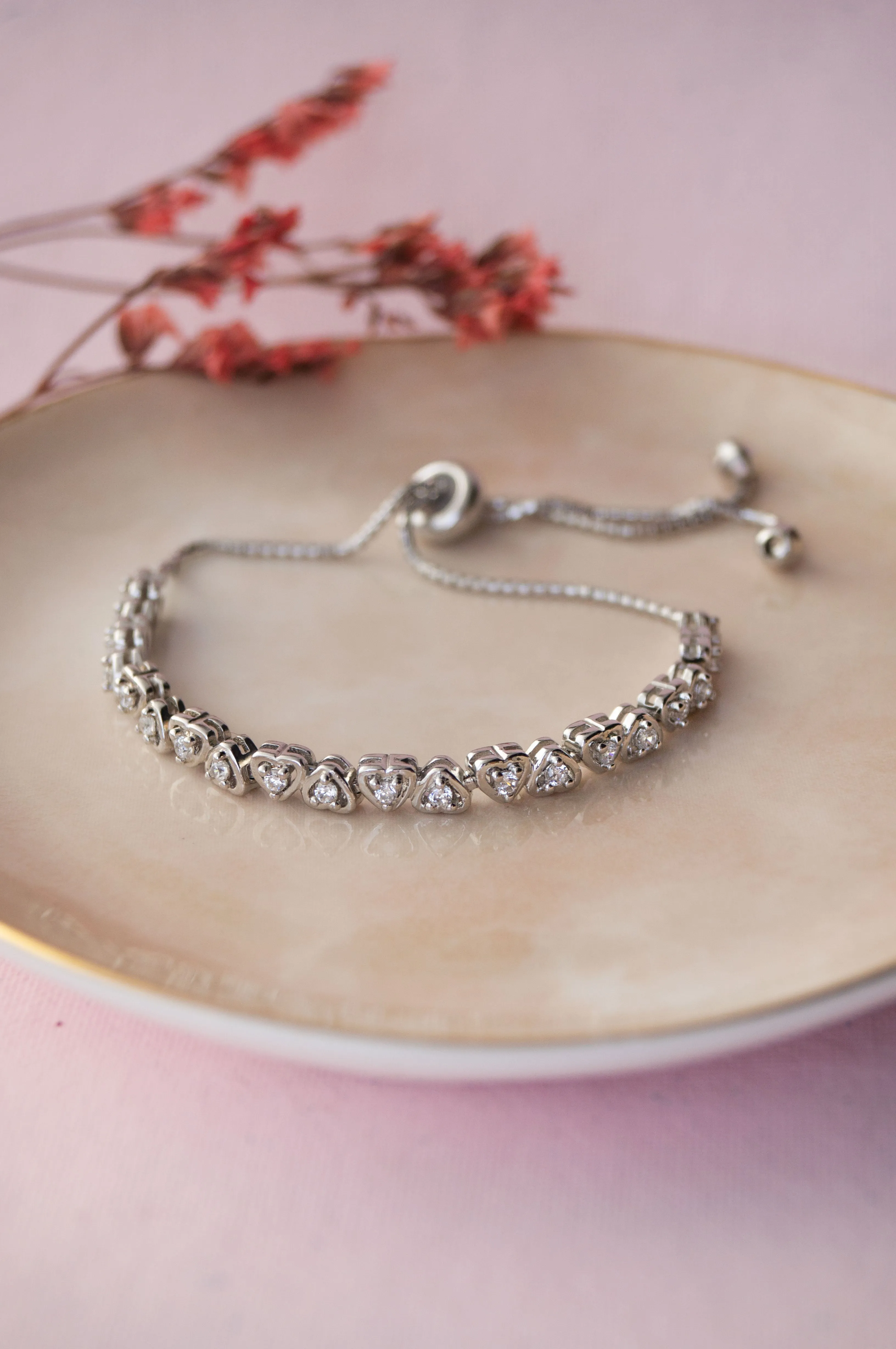 Dancing Hearts Sterling Silver Pull Chain Adjustable Bracelet