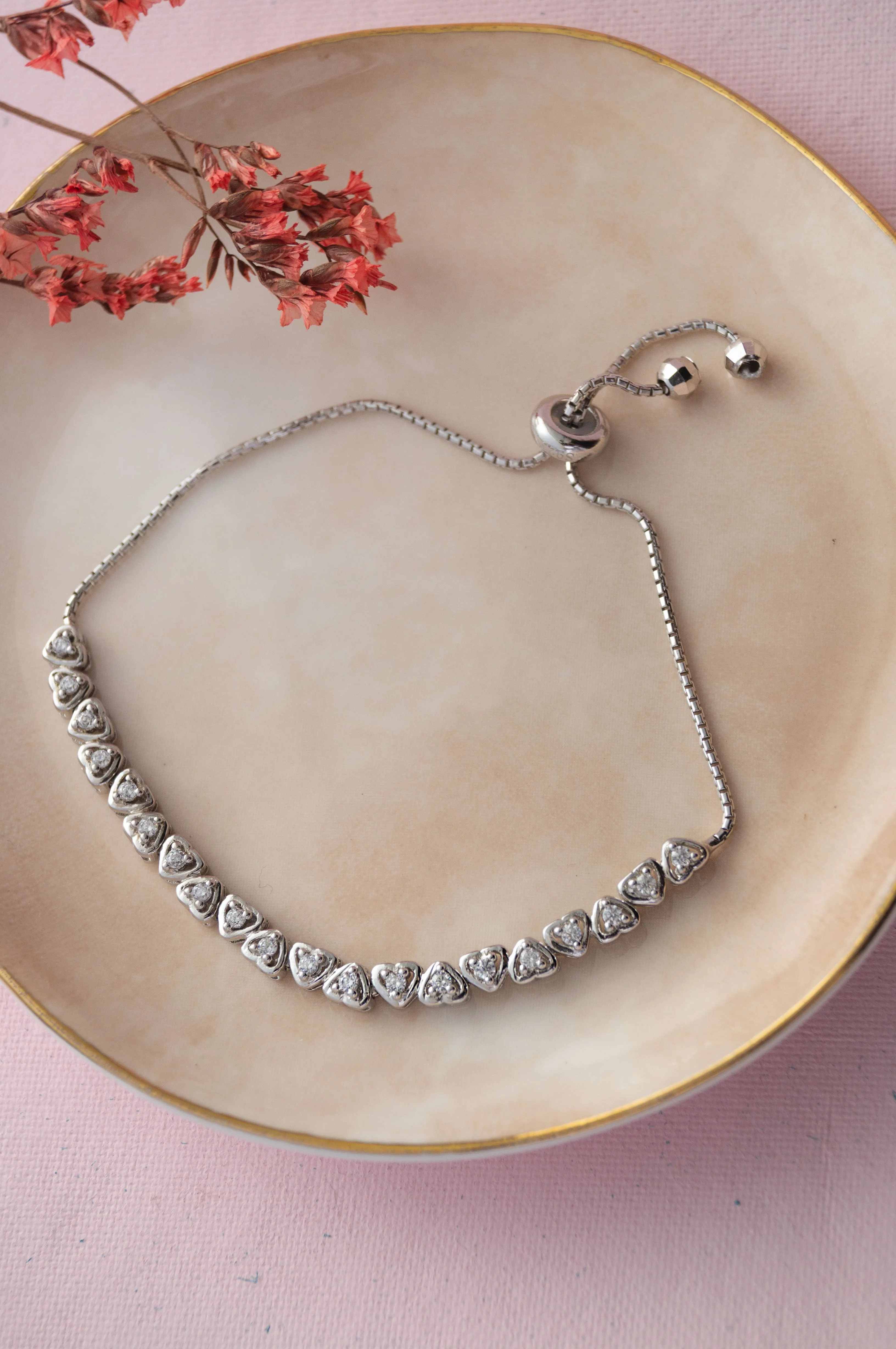 Dancing Hearts Sterling Silver Pull Chain Adjustable Bracelet