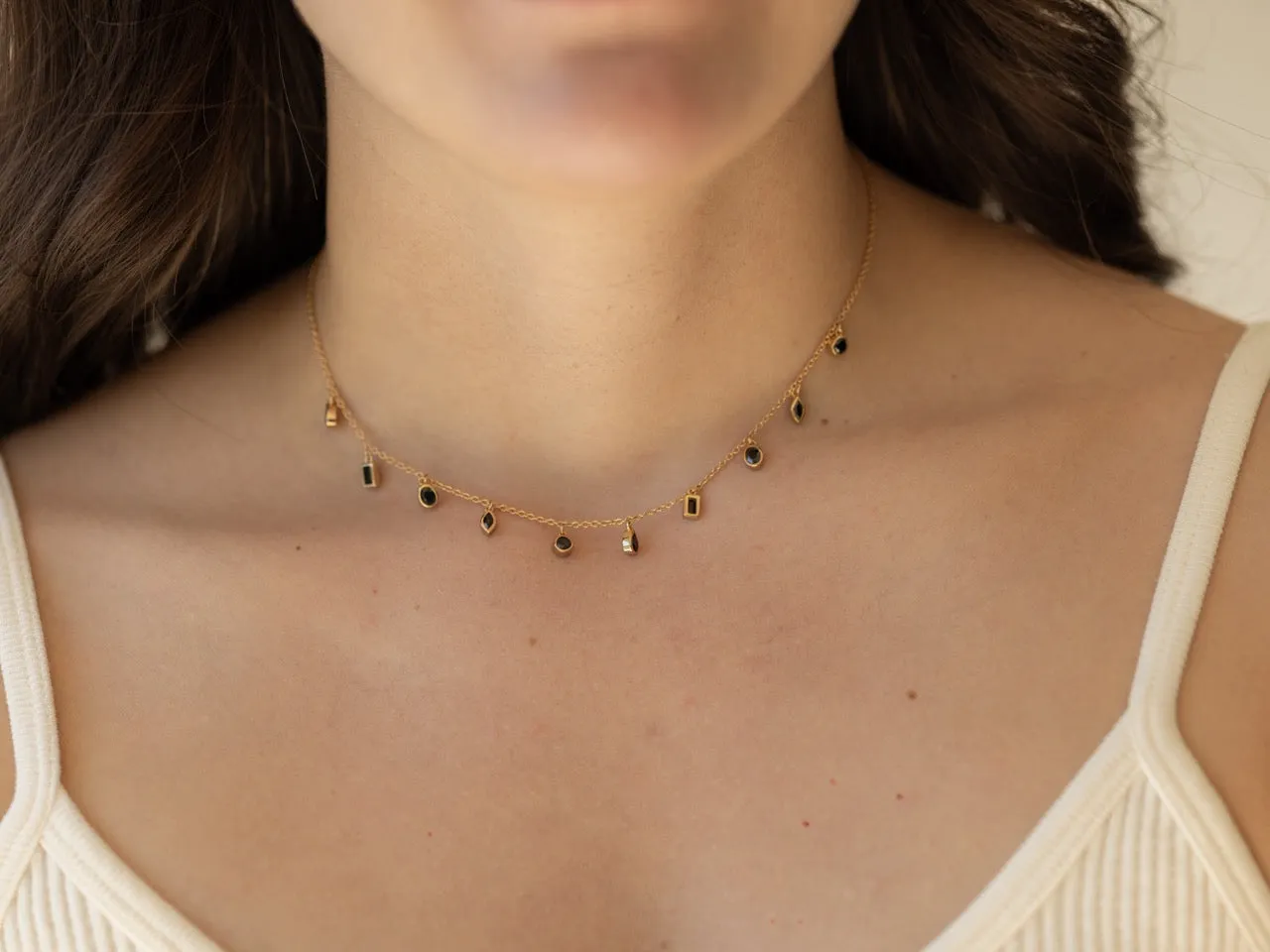 Daphne Black CZ Gemstone Choker Necklace in Gold