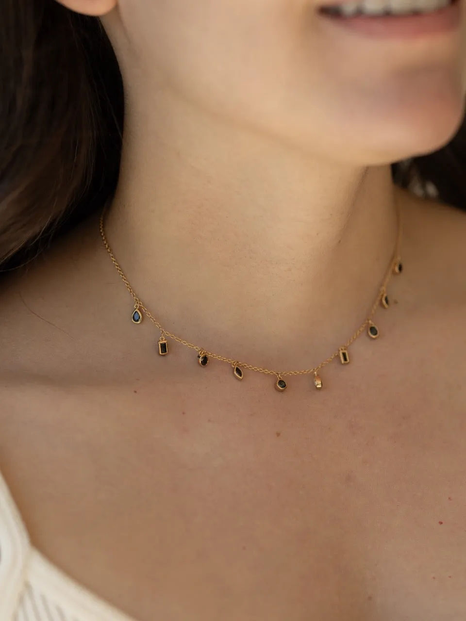 Daphne Black CZ Gemstone Choker Necklace in Gold