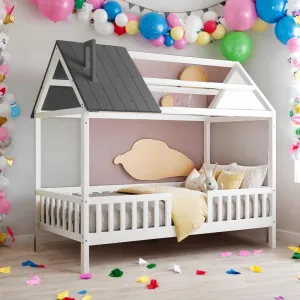 Design Twin Size House Bed Kids with Fence White Mid-Century Modern