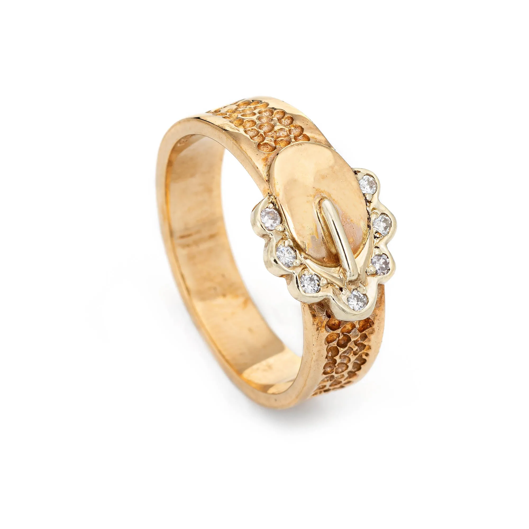 Diamond Buckle Ring Vintage 9k Yellow Gold Sz 6.75 Fine Estate Jewelry Band