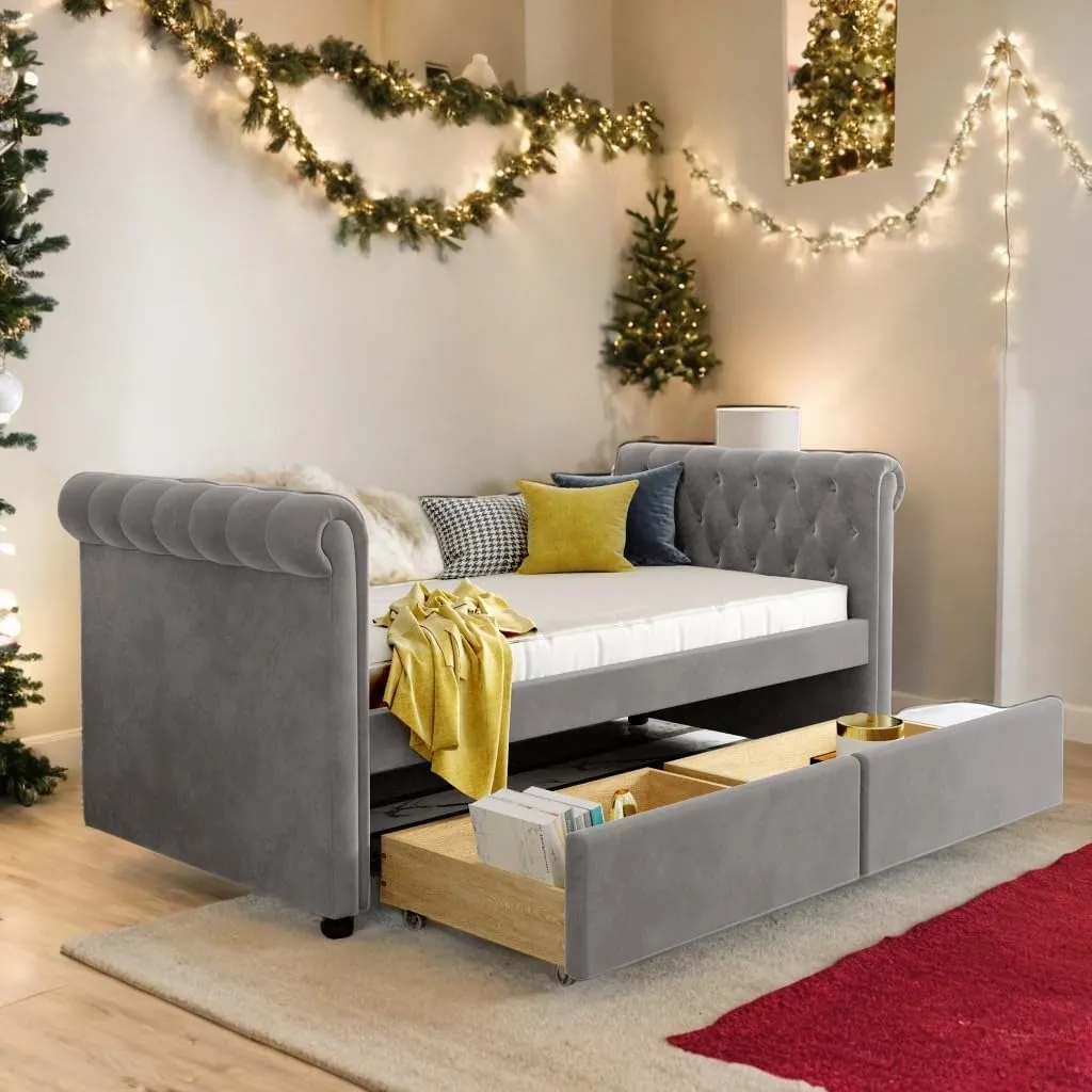 Elegant Design Twin Size Daybed Kids Bed with Drawers Grey Mid-Century