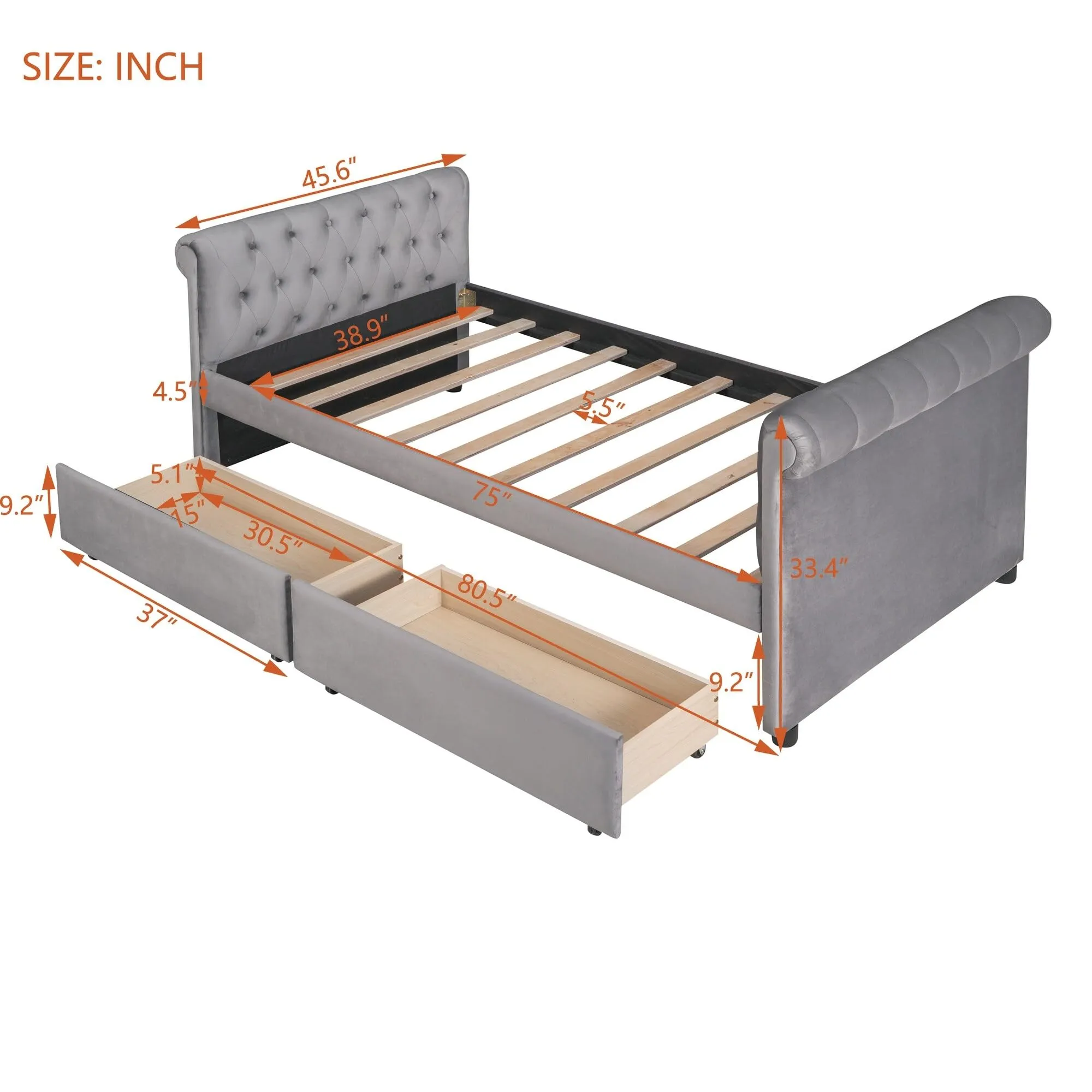 Elegant Design Twin Size Daybed Kids Bed with Drawers Grey Mid-Century