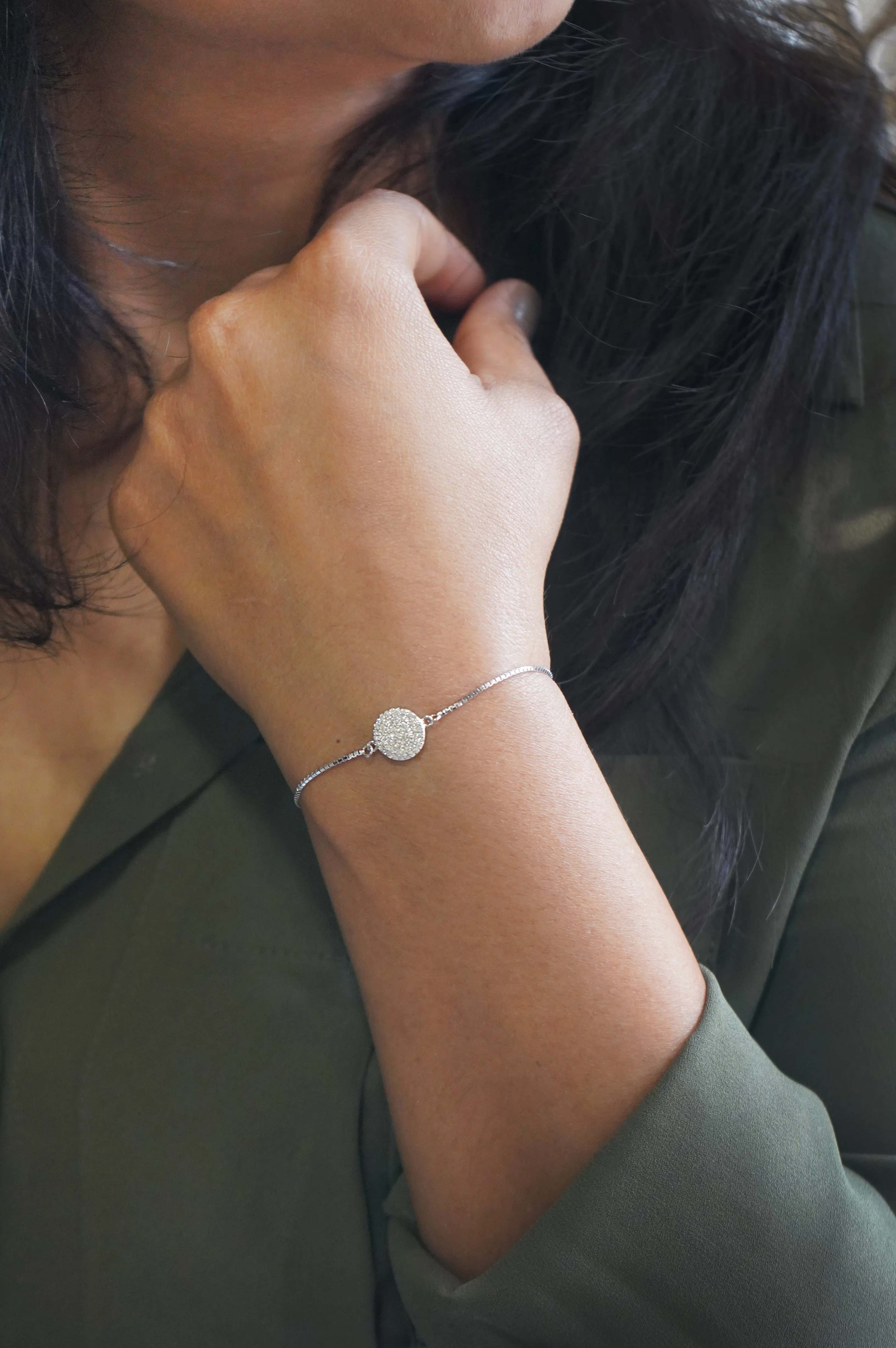 Enchanting Sparkly Disk Sterling Silver Pull Chain Bracelet