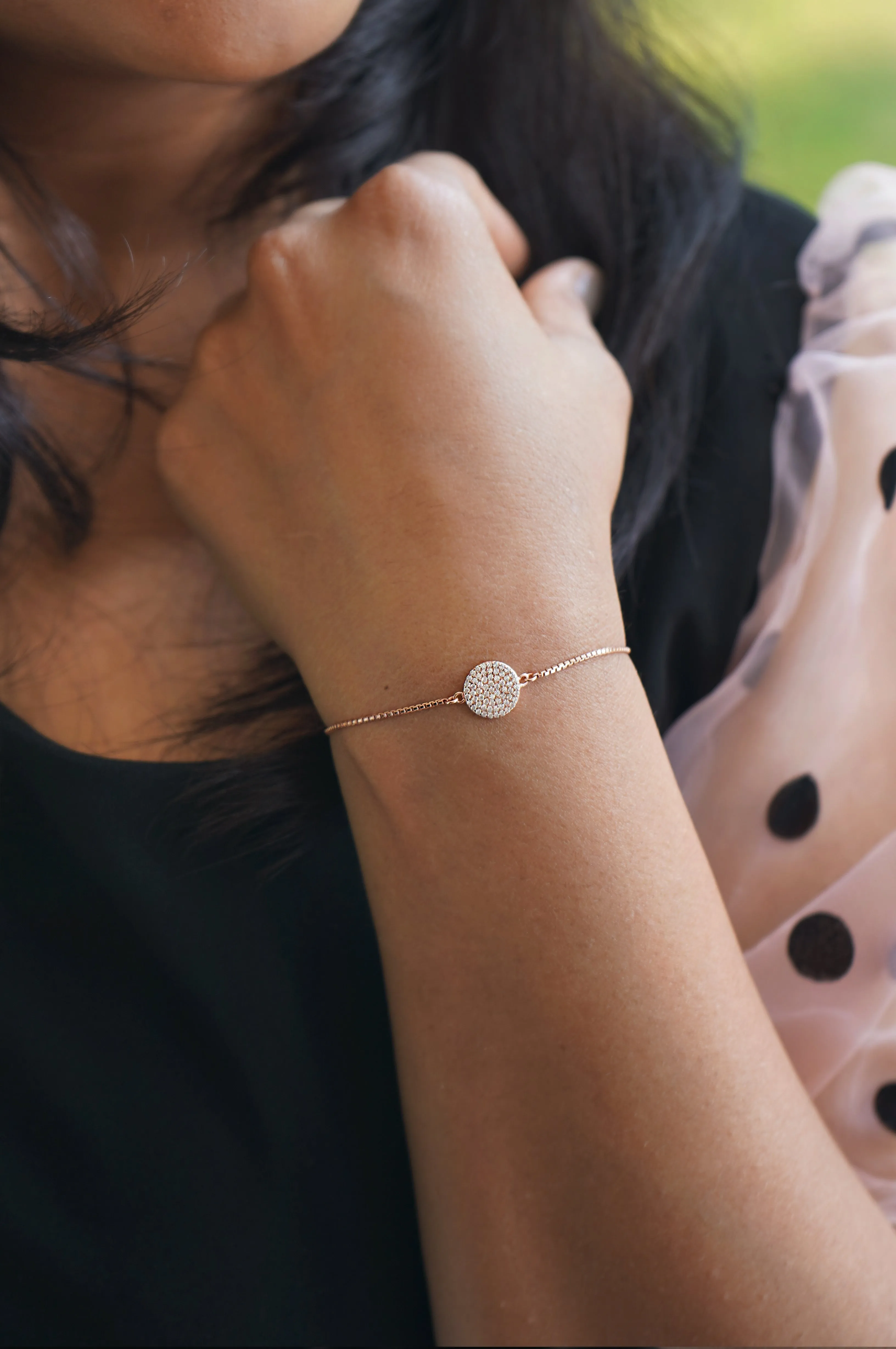 Enchanting Sparkly Disk Sterling Silver Pull Chain Bracelet