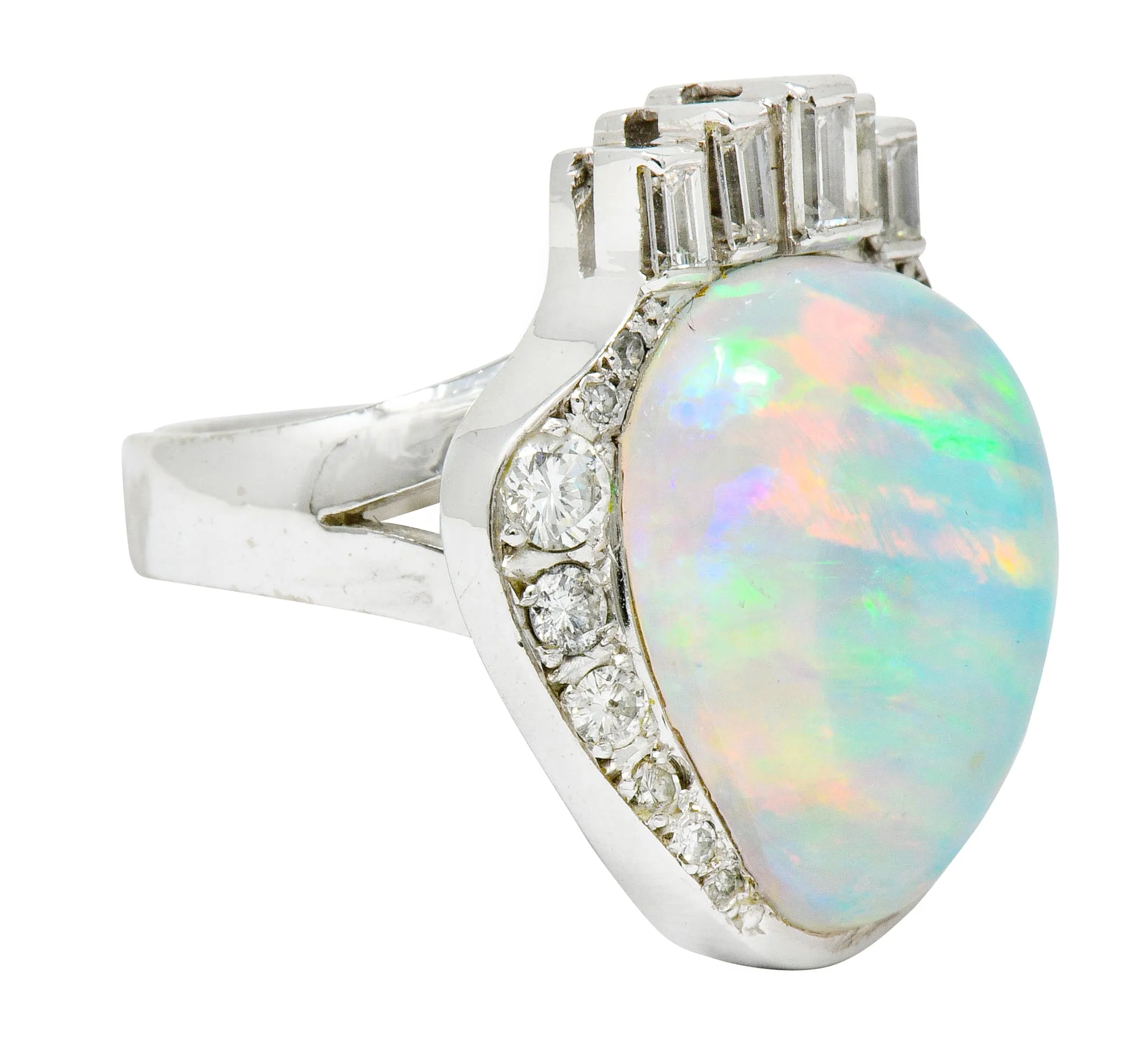 Ethereal Opal Cabochon Diamond 14 Karat White Gold Statement Ring