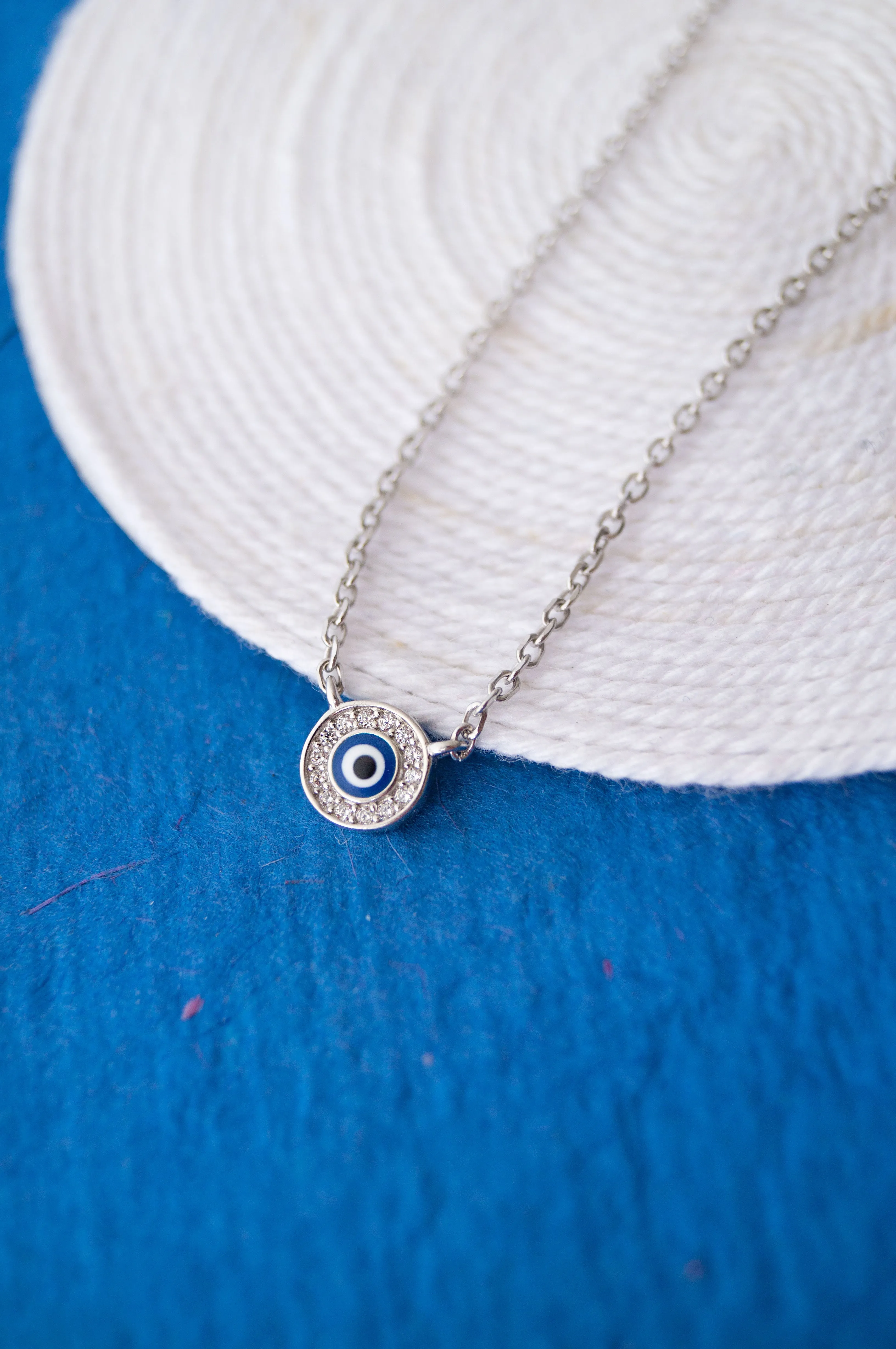 Evil Eye Round Hand-Painted Delicate Rose Gold Plated Sterling Silver Chain Necklace