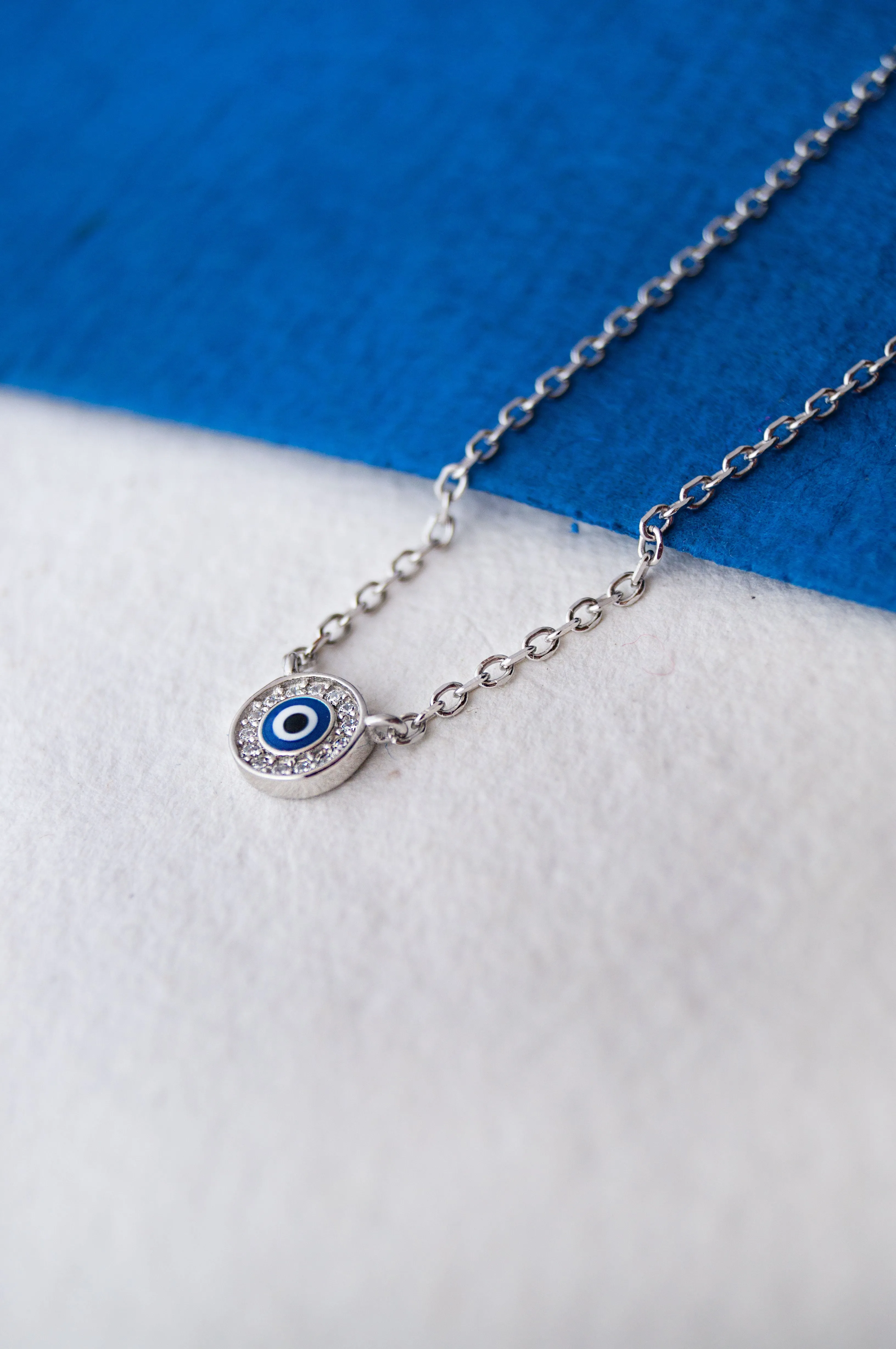 Evil Eye Round Hand-Painted Delicate Rose Gold Plated Sterling Silver Chain Necklace