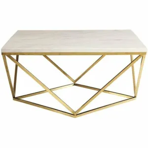 Faux Marble Top Brass Base Coffee Table in White