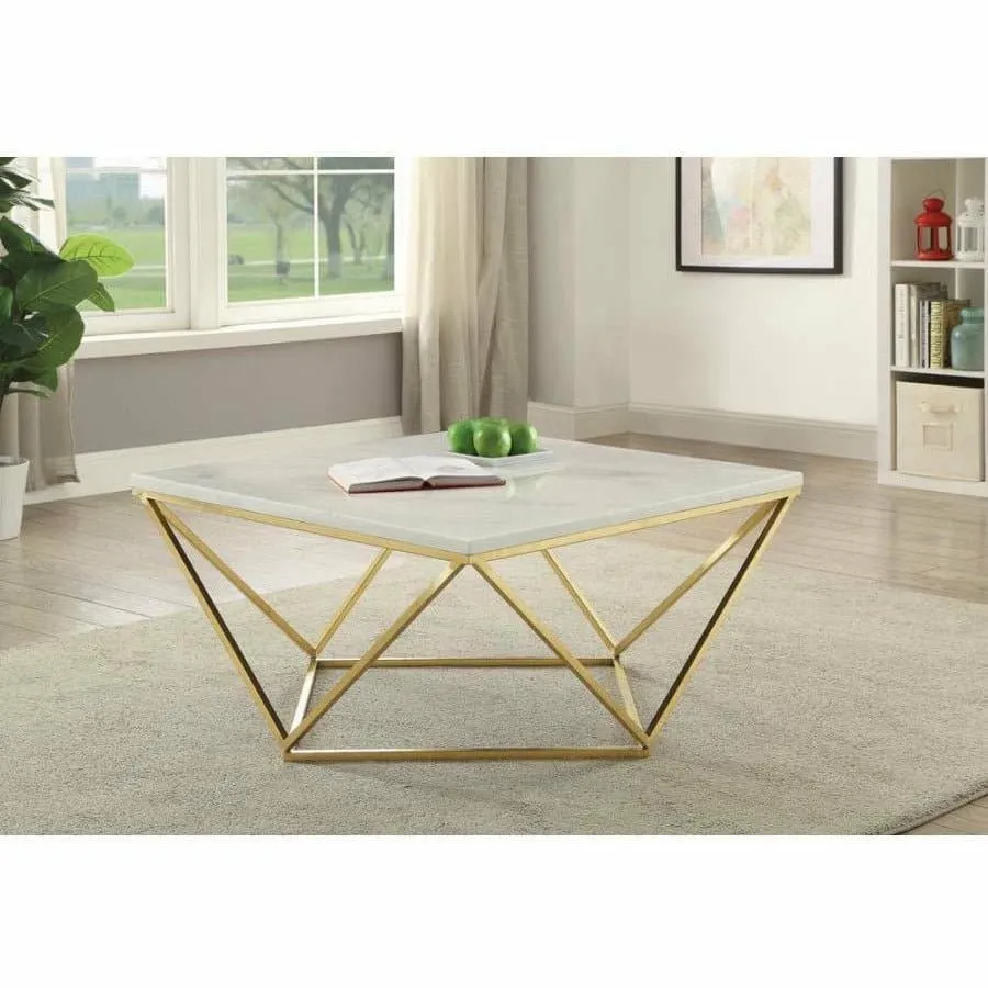Faux Marble Top Brass Base Coffee Table in White