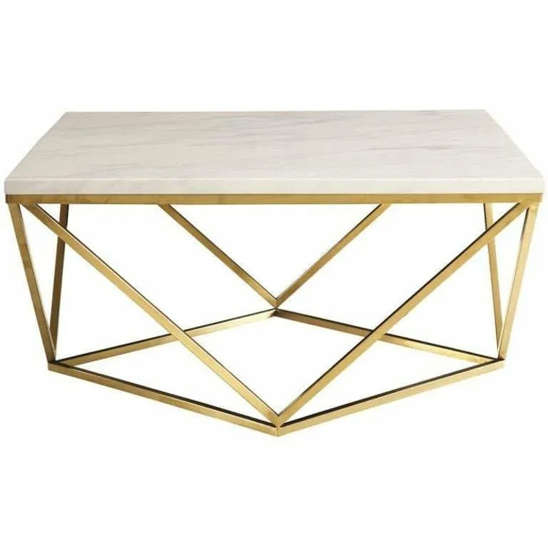Faux Marble Top Brass Base Coffee Table in White