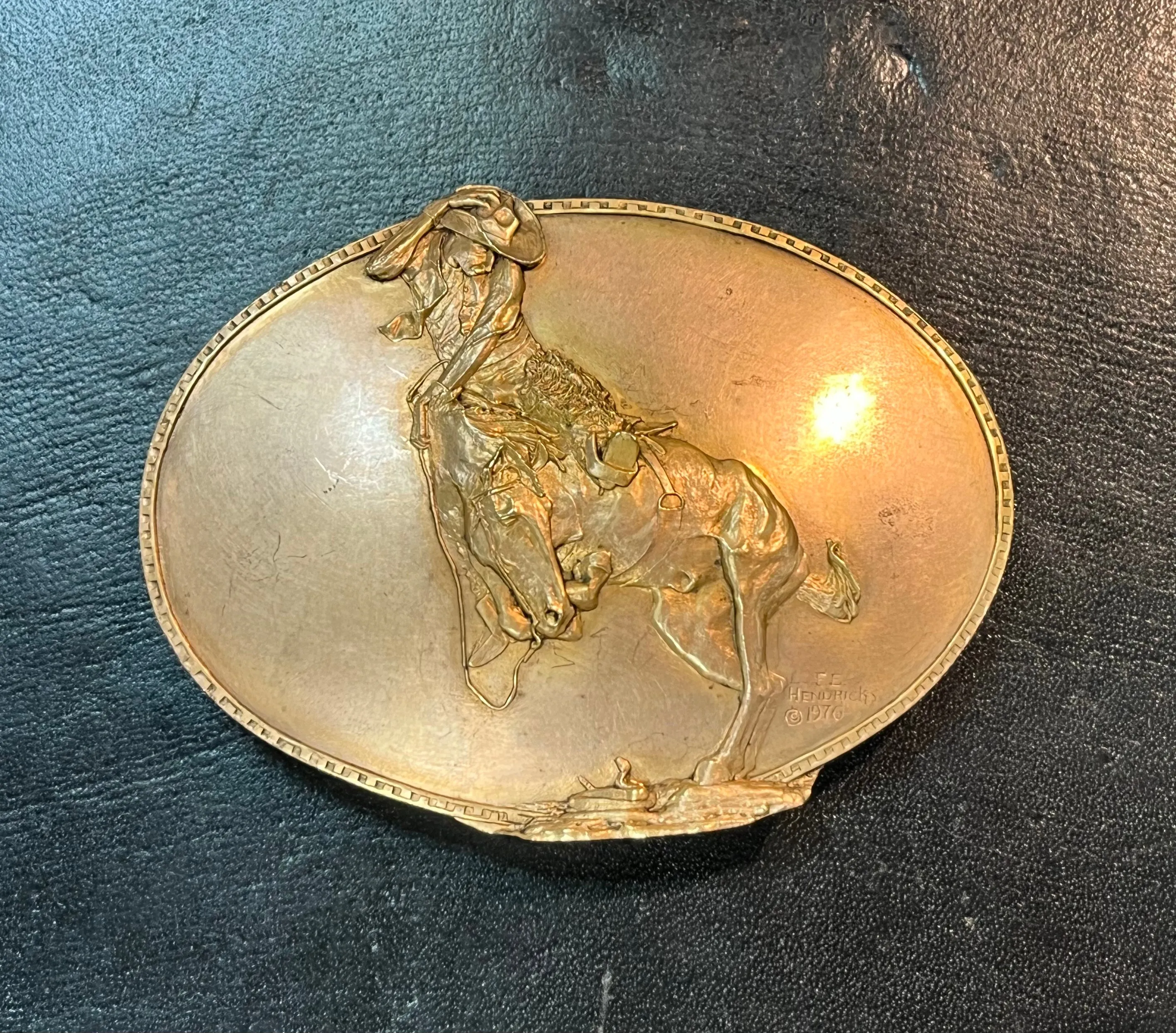 F.E. Hendricks Hand Engraved Bronze Trophy Buckle of F. Remington's "The Rattlesnake" No. 123/200 1976