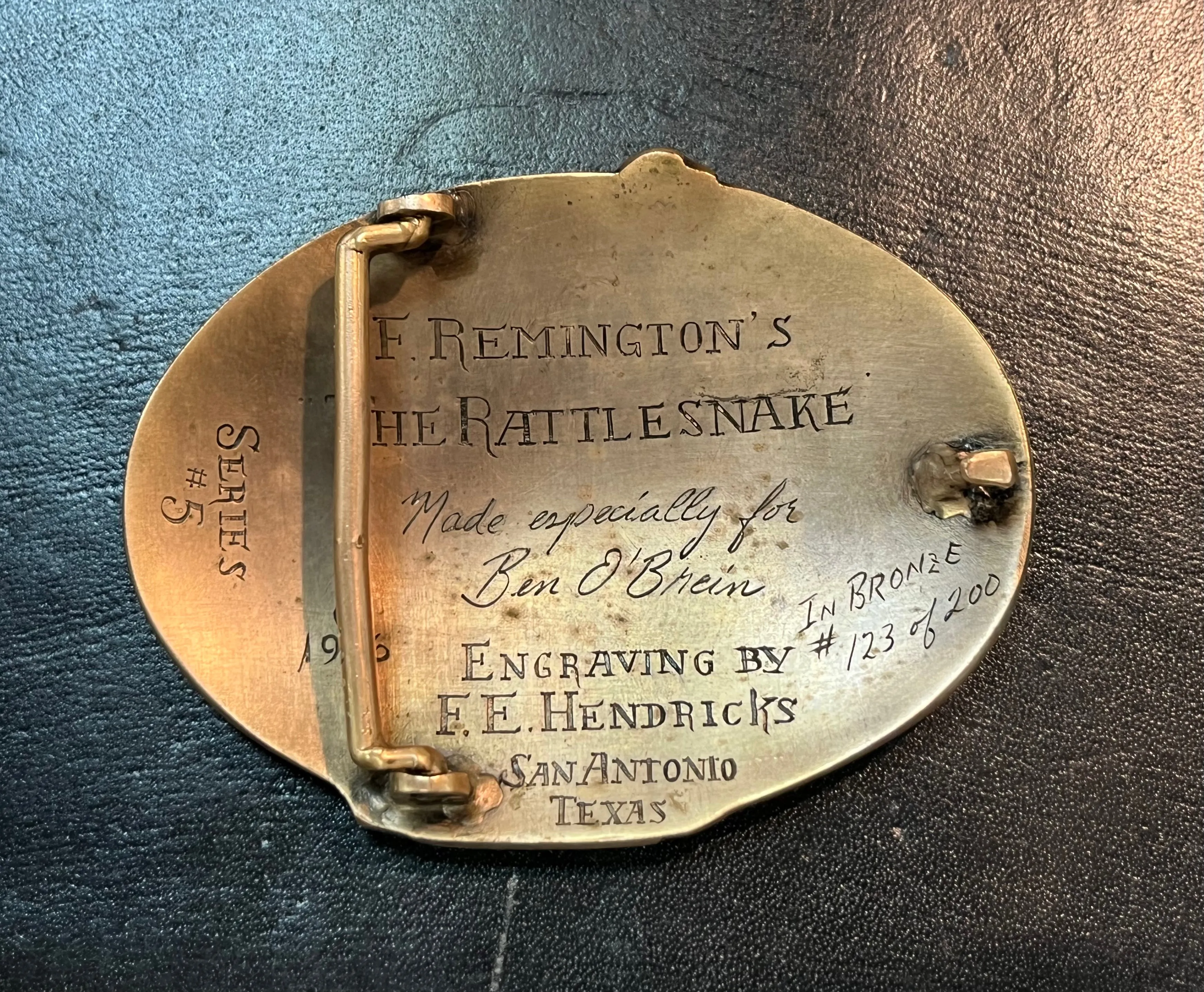 F.E. Hendricks Hand Engraved Bronze Trophy Buckle of F. Remington's "The Rattlesnake" No. 123/200 1976