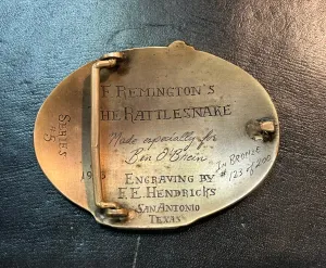 F.E. Hendricks Hand Engraved Bronze Trophy Buckle of F. Remington's "The Rattlesnake" No. 123/200 1976