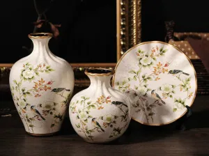 Finch Meadow 3-Piece Ceramic Vase Set – Elegant Off-White Ceramic Vases with Hand-Painted Finch and Floral Design