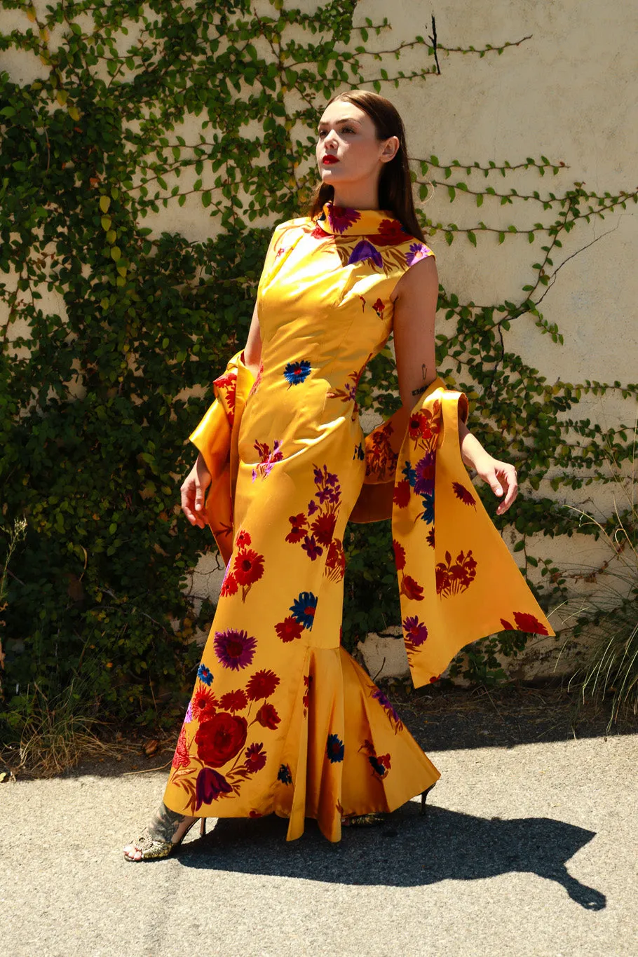 Flocked Floral Mermaid Gown & Shawl