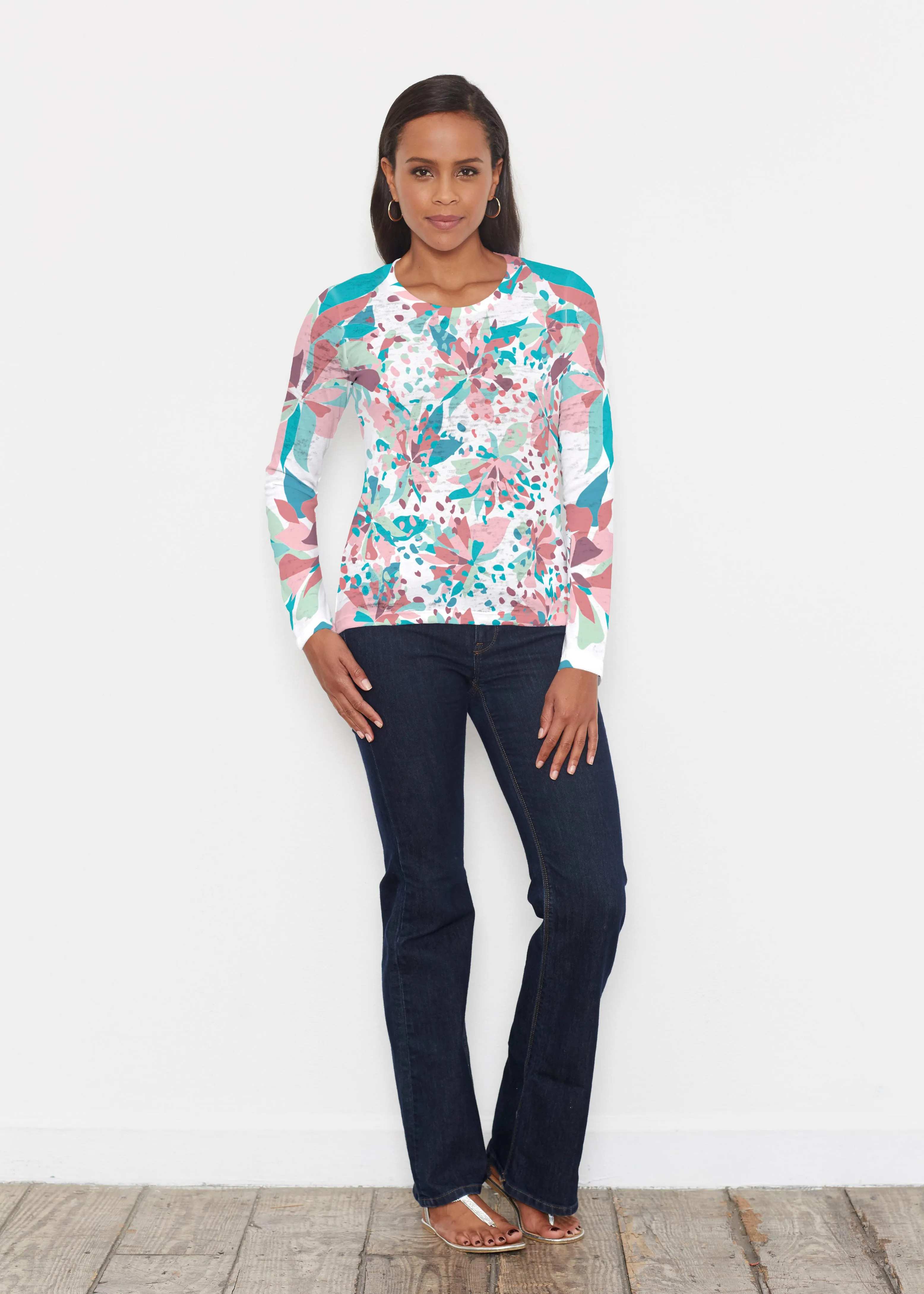Floral Leopard Teal (7838) ~ Signature Long Sleeve Crew Shirt