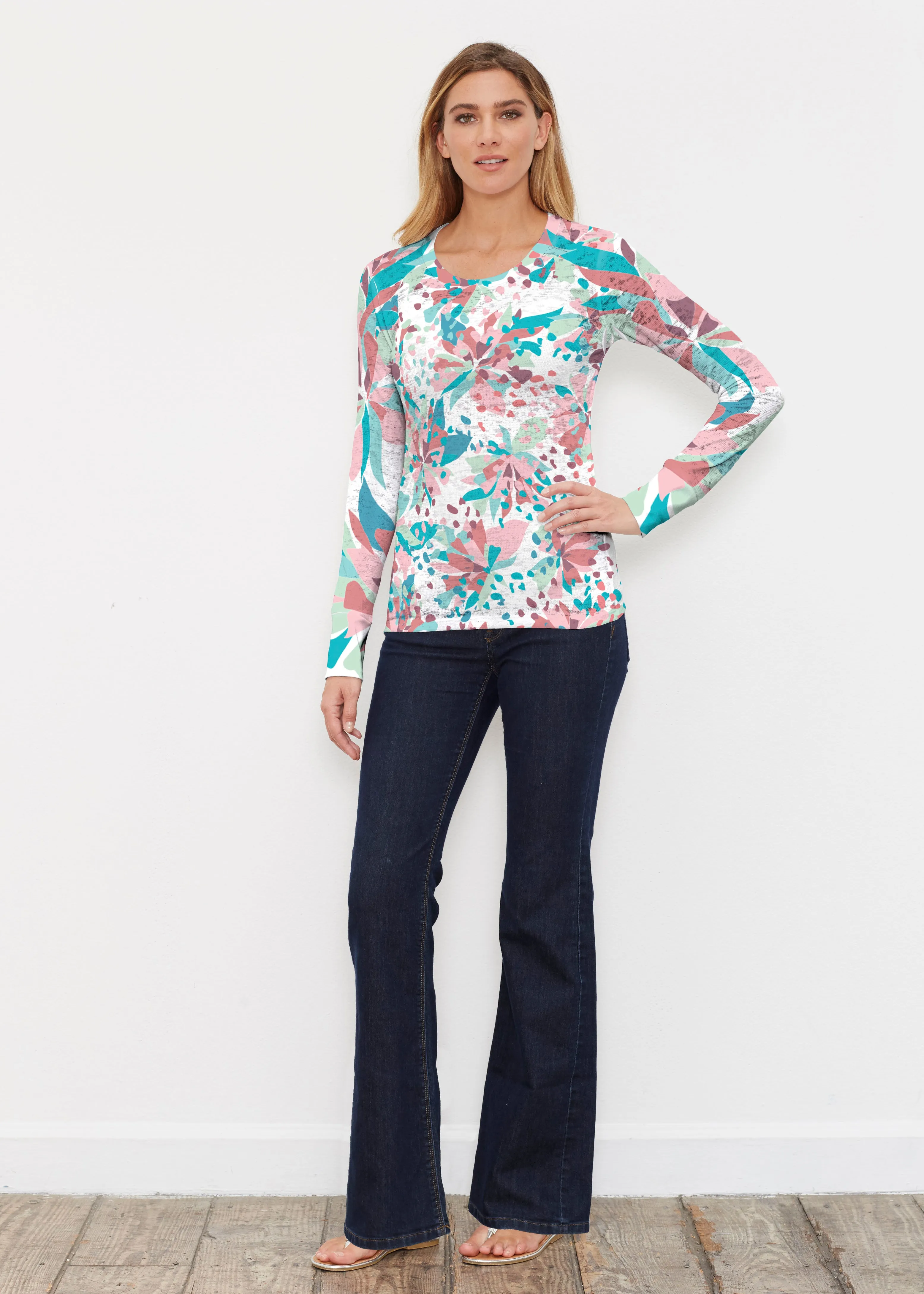 Floral Leopard Teal (7838) ~ Thermal Long Sleeve Crew Shirt