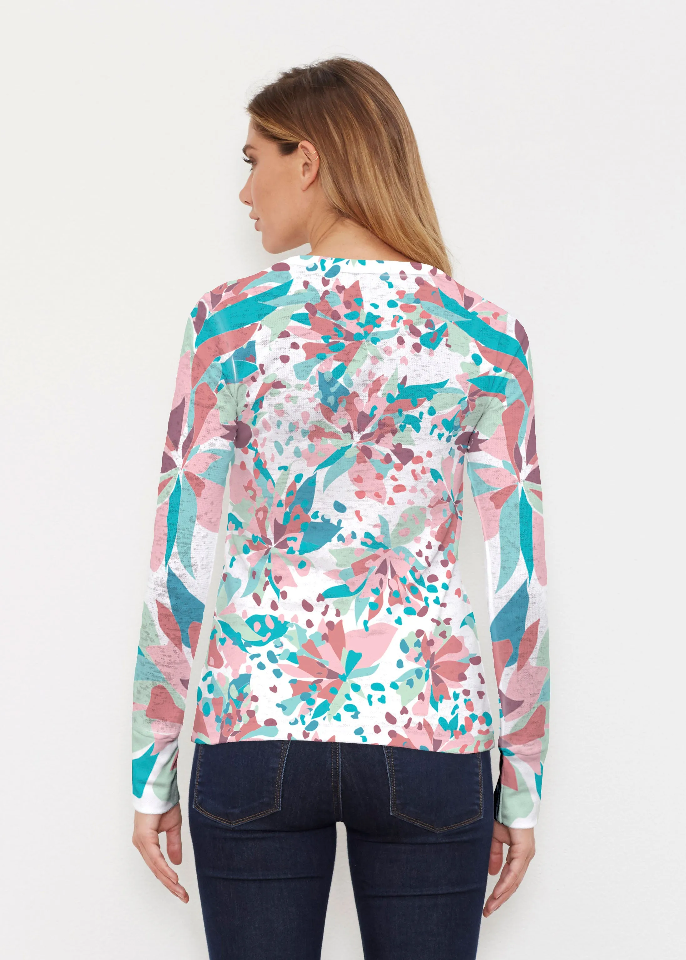 Floral Leopard Teal (7838) ~ Thermal Long Sleeve Crew Shirt