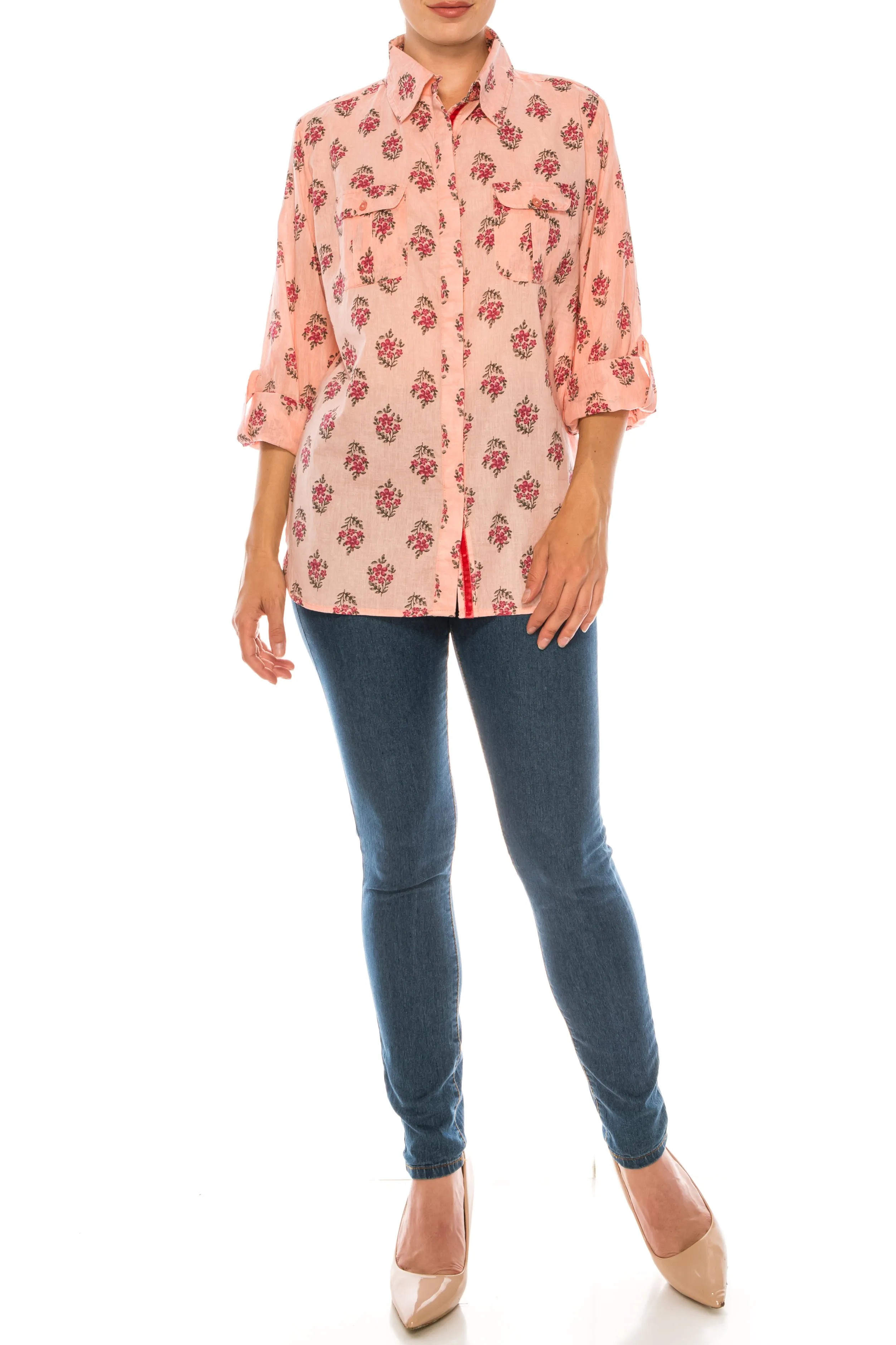 Floral Printed Button-Down Shirt with Vintage Wash