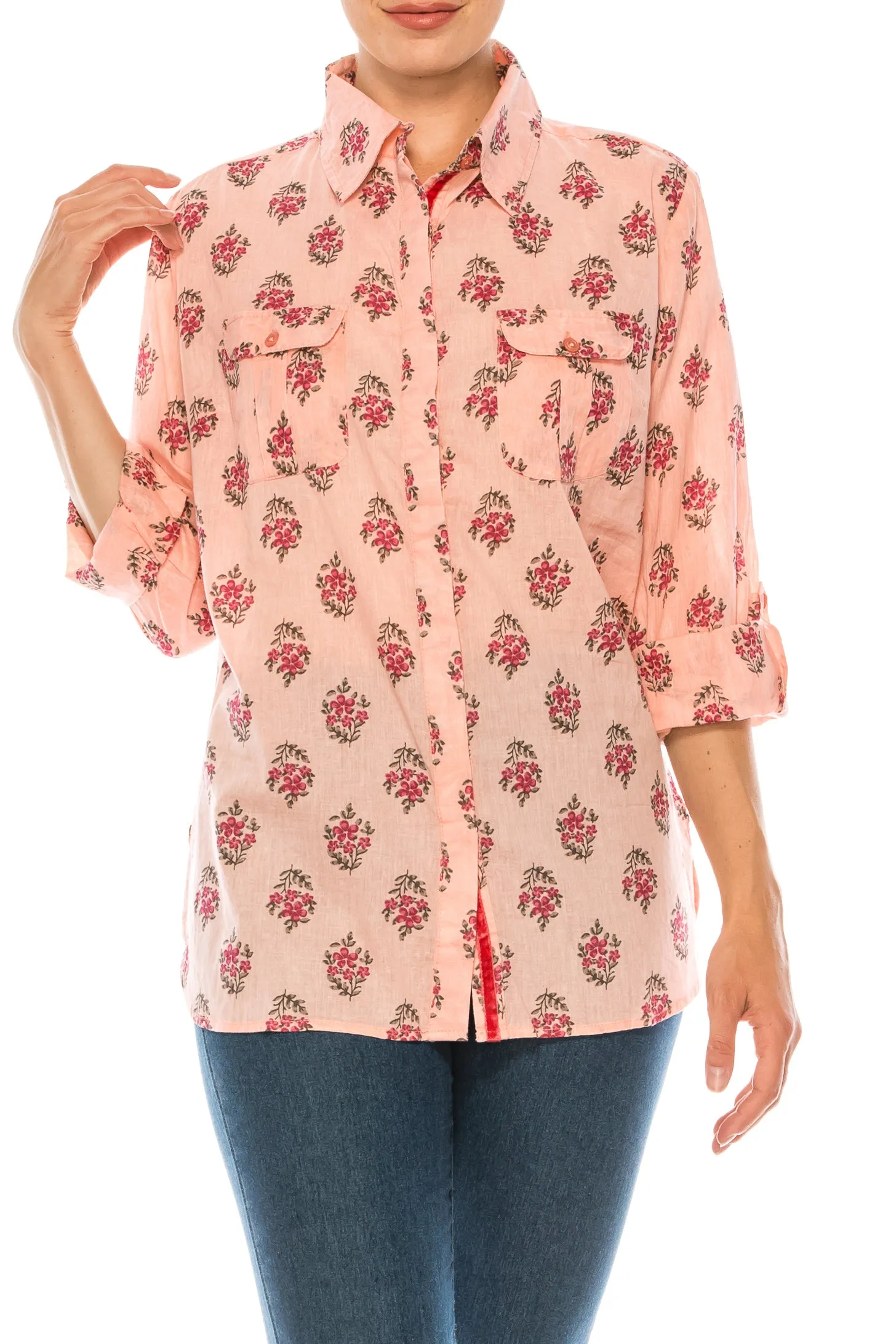 Floral Printed Button-Down Shirt with Vintage Wash