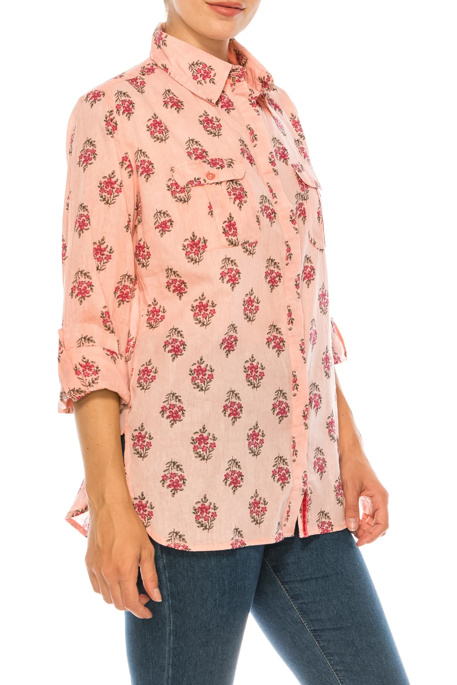 Floral Printed Button-Down Shirt with Vintage Wash