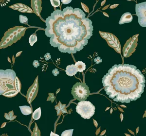 GO8236 Dahlia Blooms Forest/Seafoam Wallpaper-Green/Blue