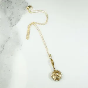 Gold Lavalier Pendant with Diamond & Pearl Halo