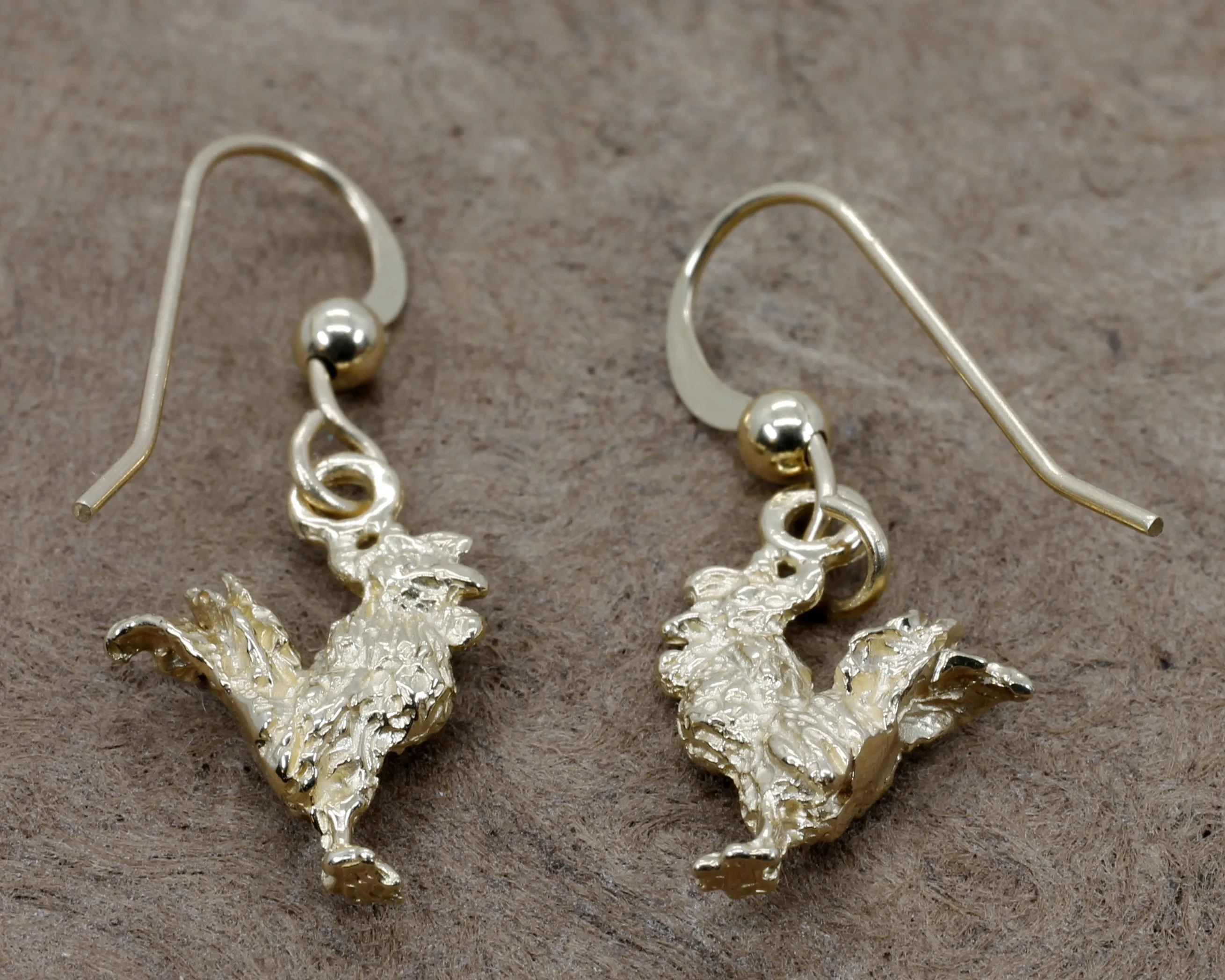 Gold Rooster Earrings with tiny solid 14kt yellow gold rooster chickens