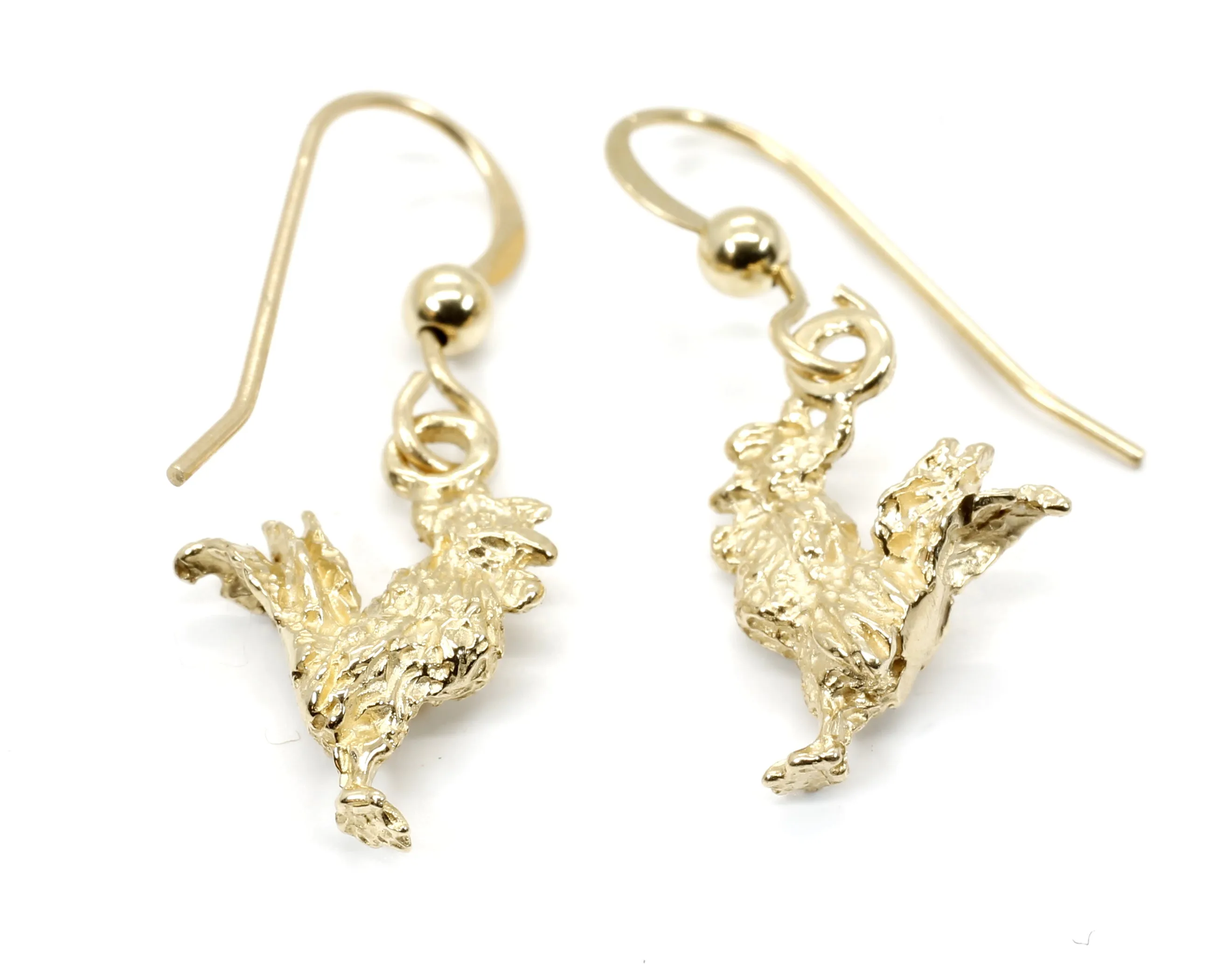 Gold Rooster Earrings with tiny solid 14kt yellow gold rooster chickens