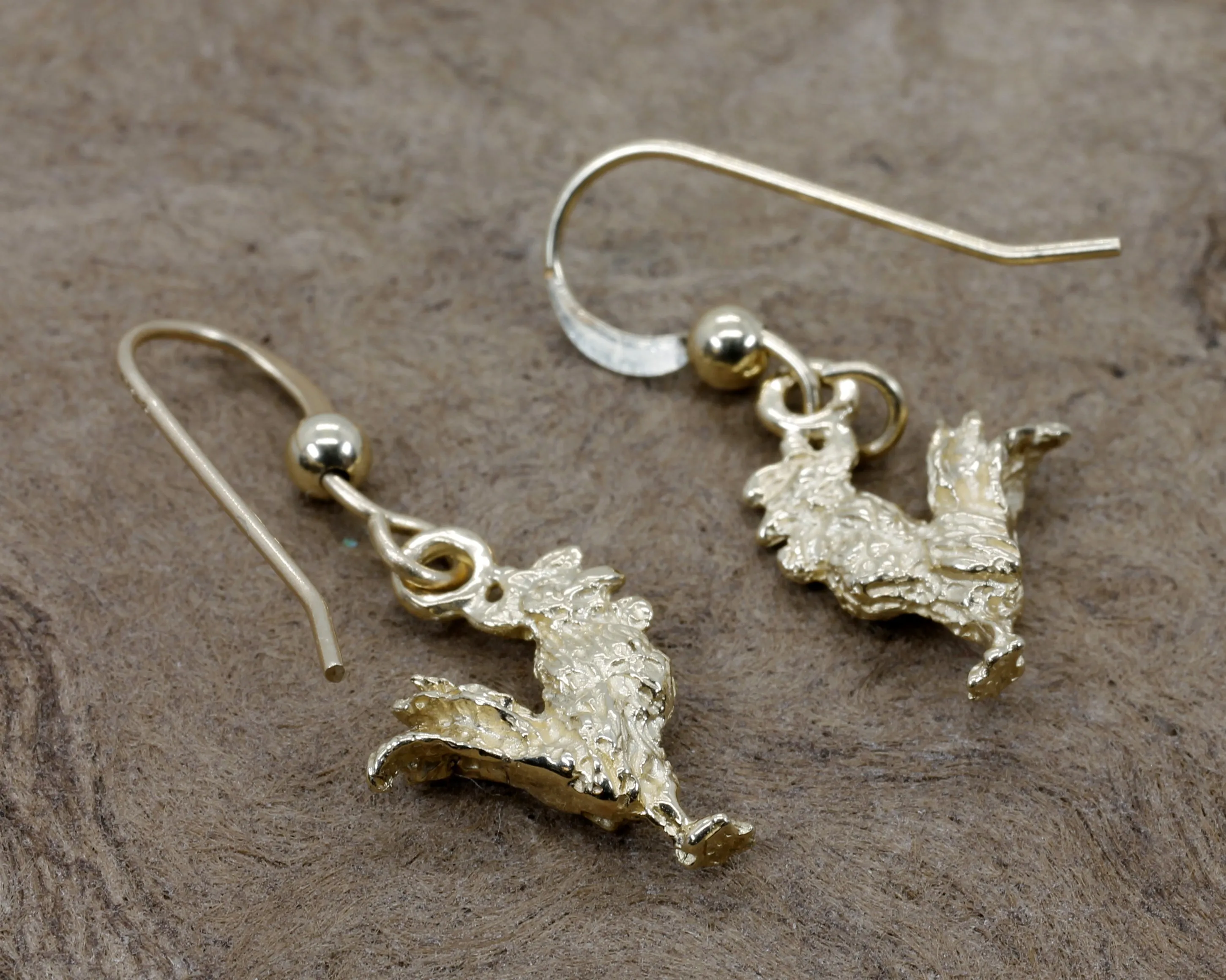 Gold Rooster Earrings with tiny solid 14kt yellow gold rooster chickens