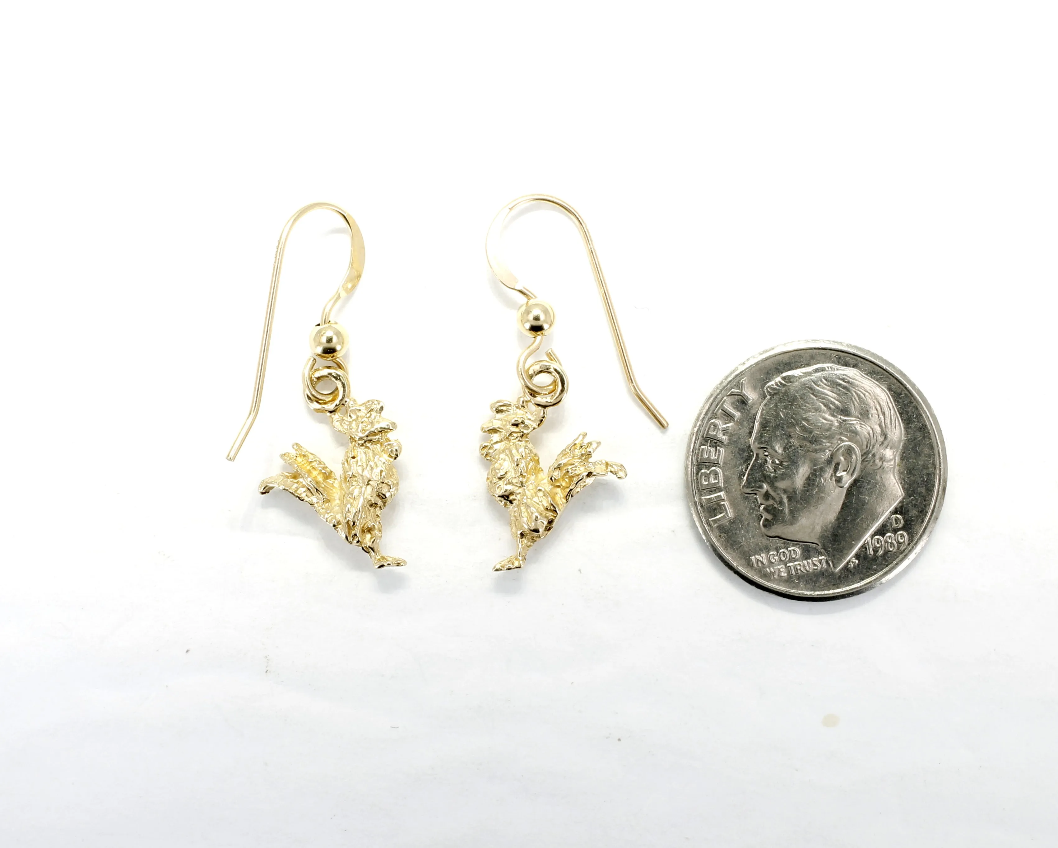 Gold Rooster Earrings with tiny solid 14kt yellow gold rooster chickens