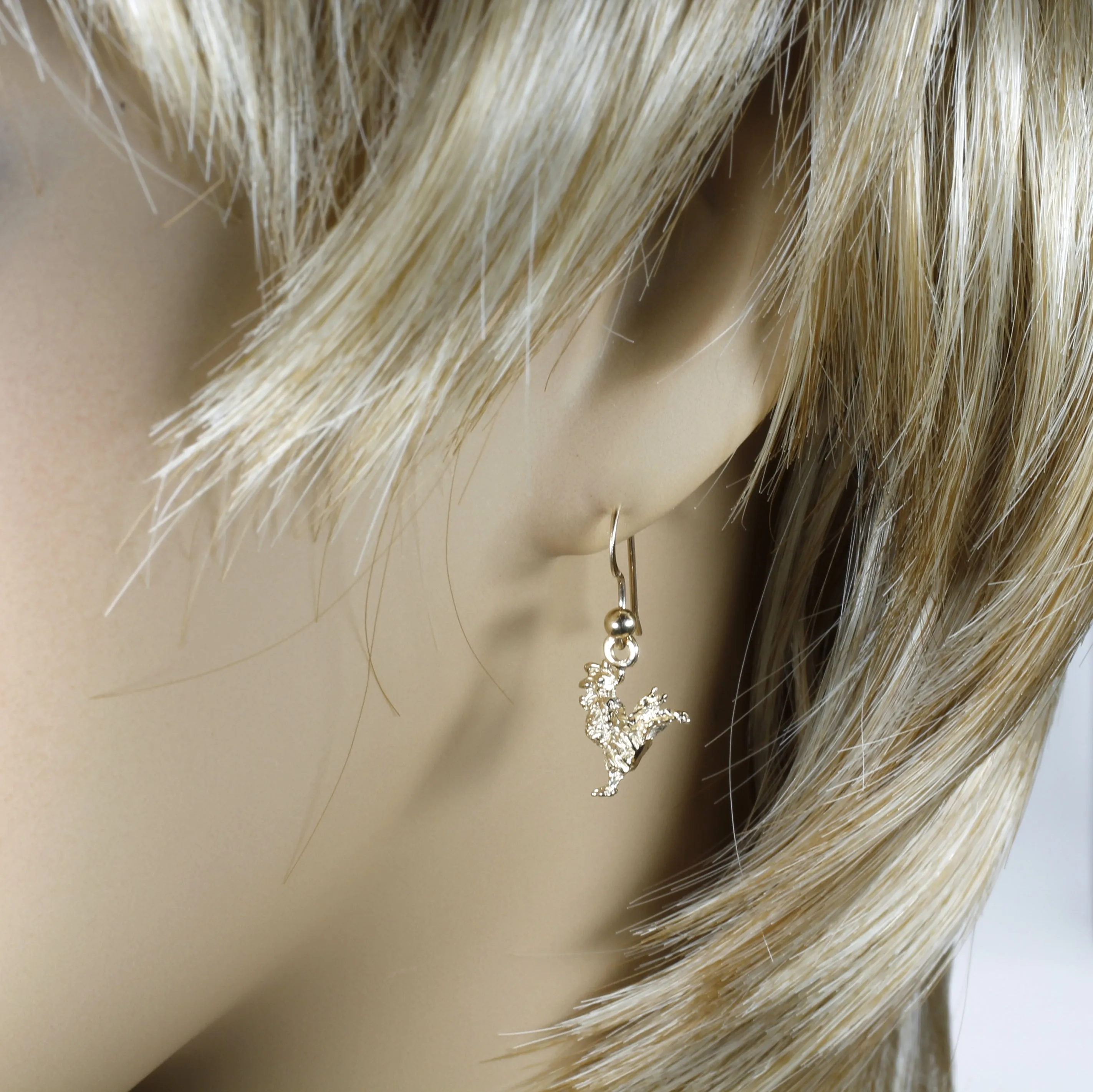 Gold Rooster Earrings with tiny solid 14kt yellow gold rooster chickens