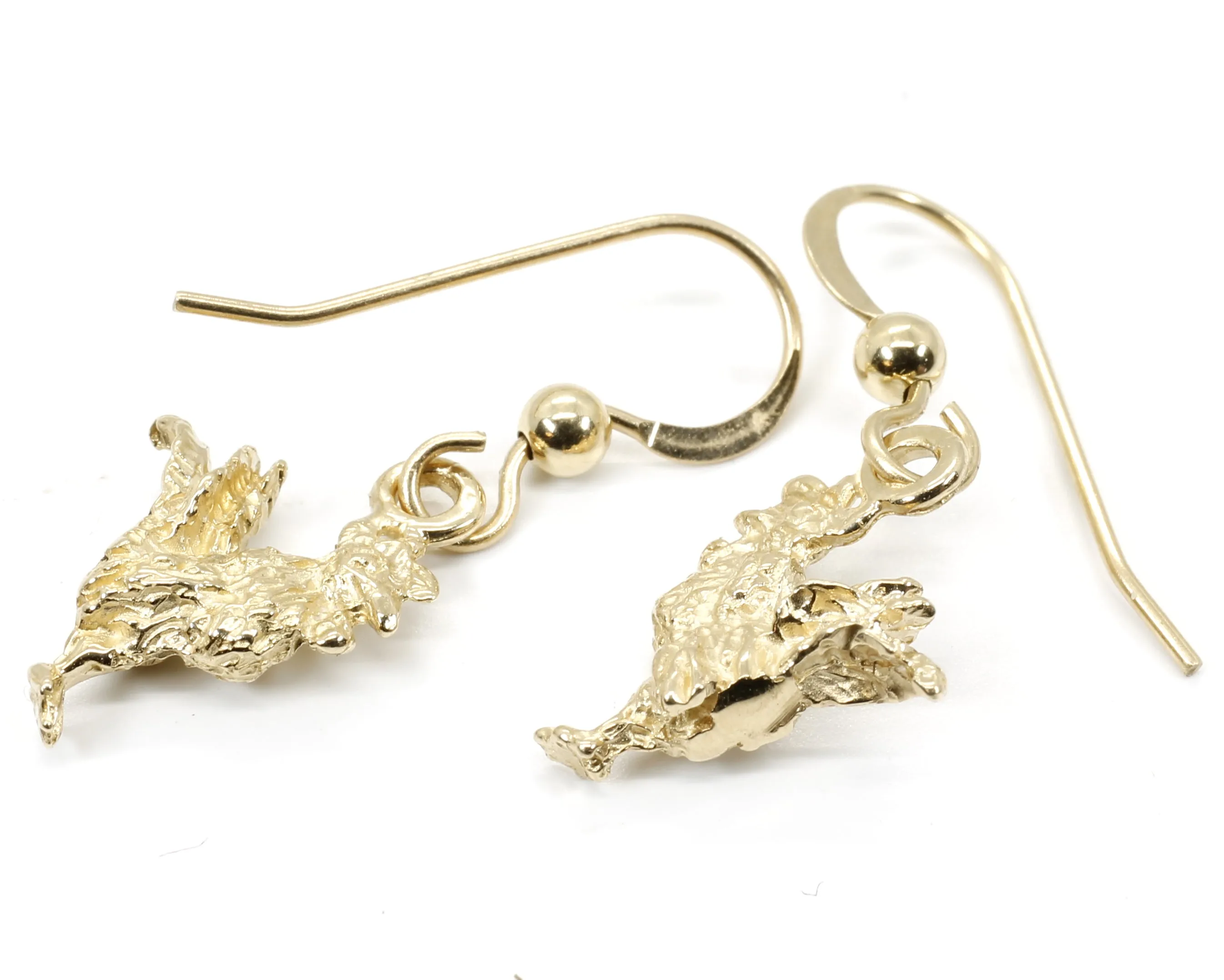 Gold Rooster Earrings with tiny solid 14kt yellow gold rooster chickens