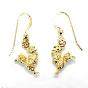 Gold Rooster Earrings with tiny solid 14kt yellow gold rooster chickens