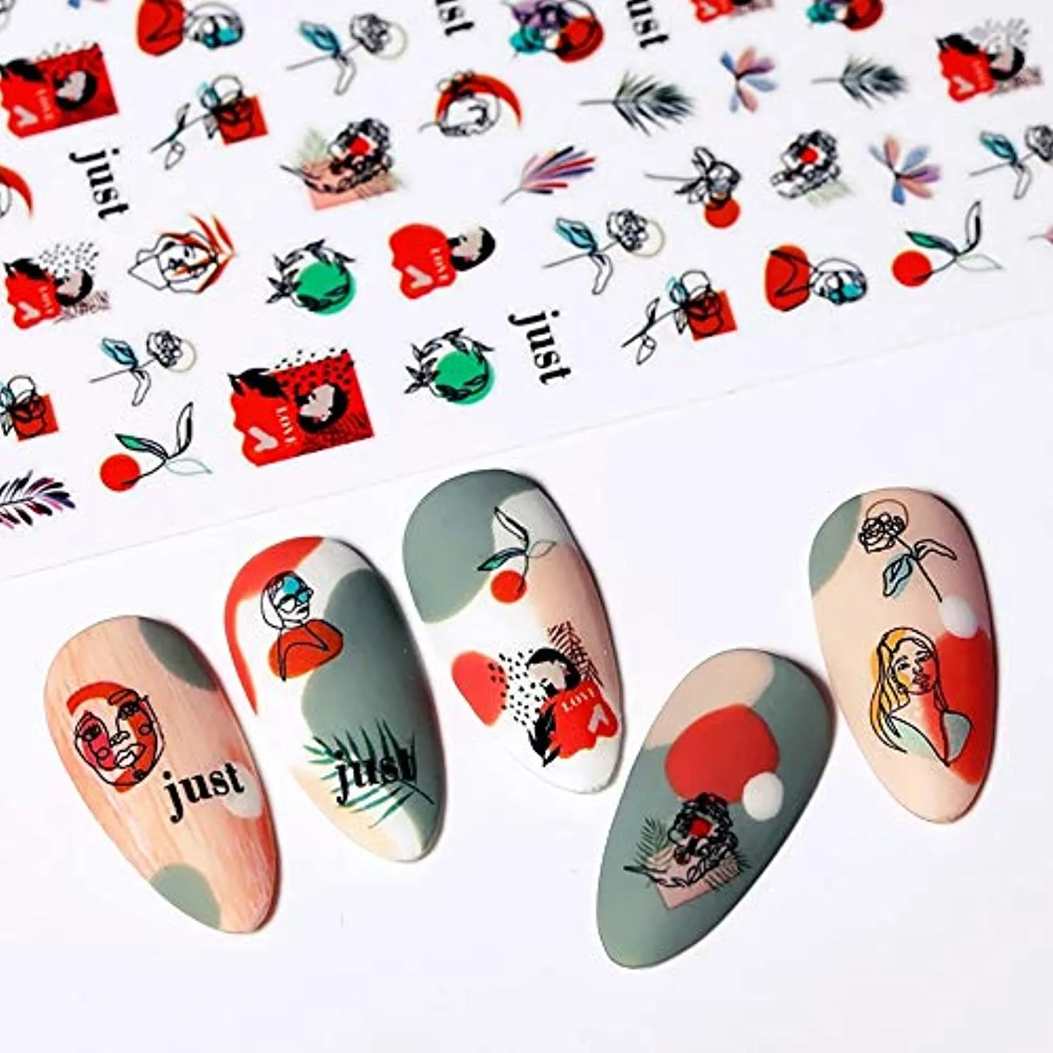 Graffiti Fun Nail Art Stickers, Abstract Nail Decals 3D Self-Adhesive Abstract Lady Face Rose Leaf Nail Design Manicure Tips Nail Decoration for Women Girls Kids(6Sheets)
