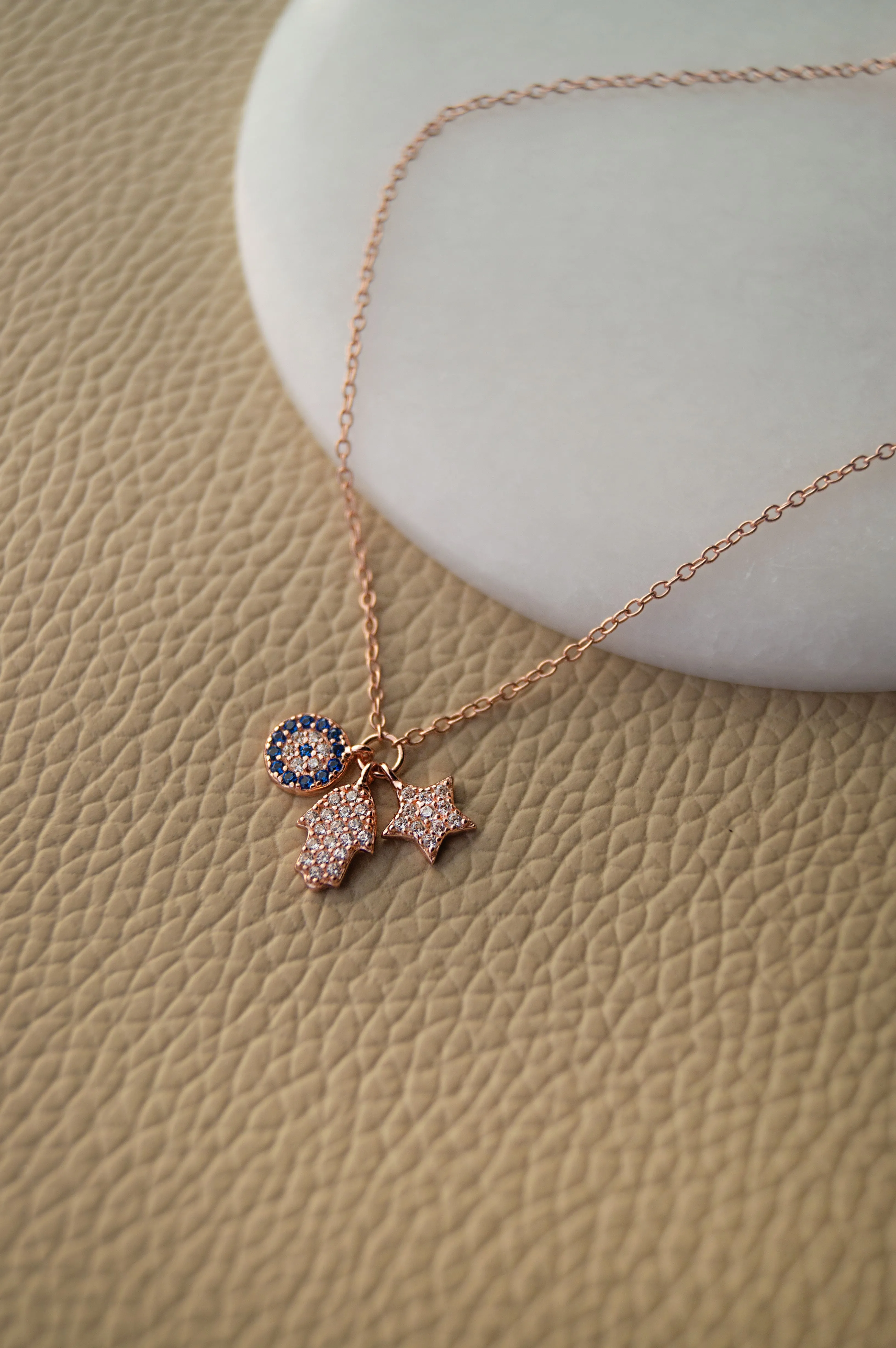 Hamsa Evil Eye Charm Rose Gold Plated Sterling Silver Pull Chain Bracelet