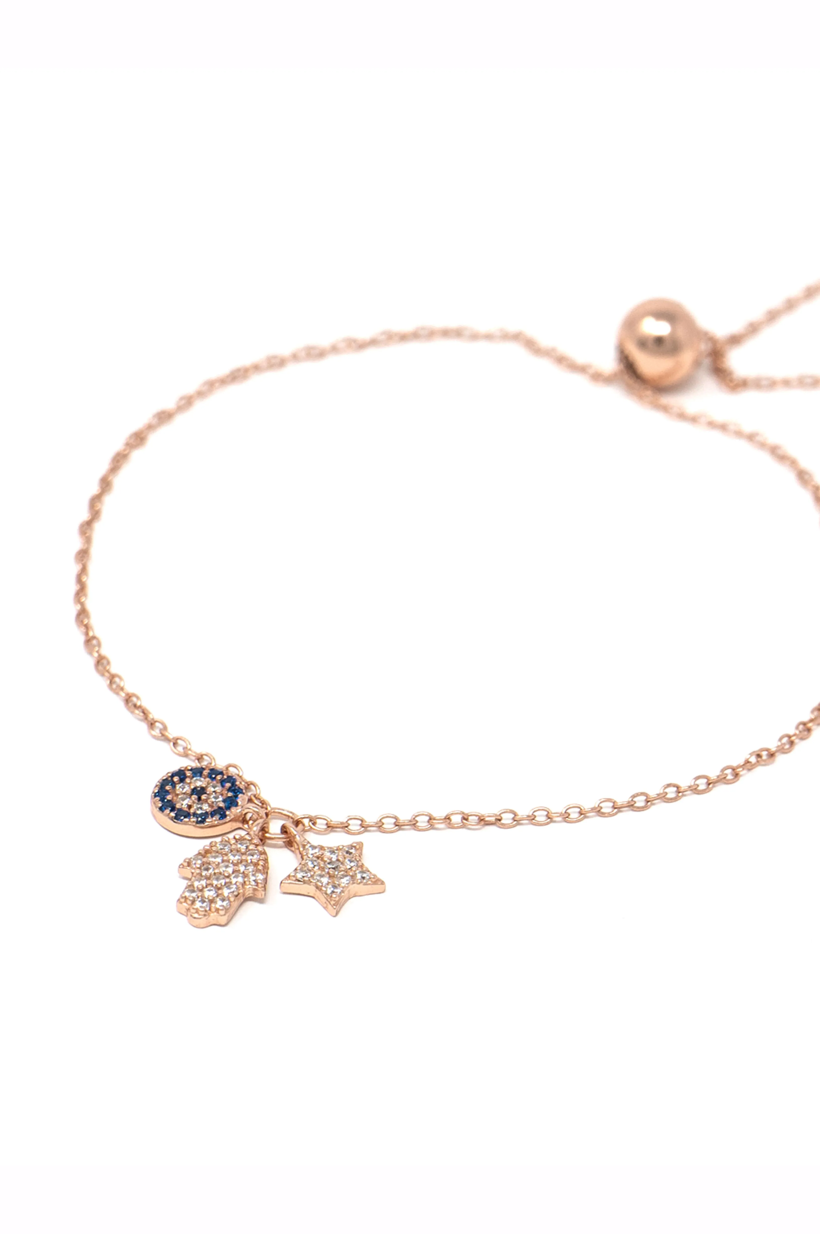 Hamsa Evil Eye Charm Rose Gold Plated Sterling Silver Pull Chain Bracelet