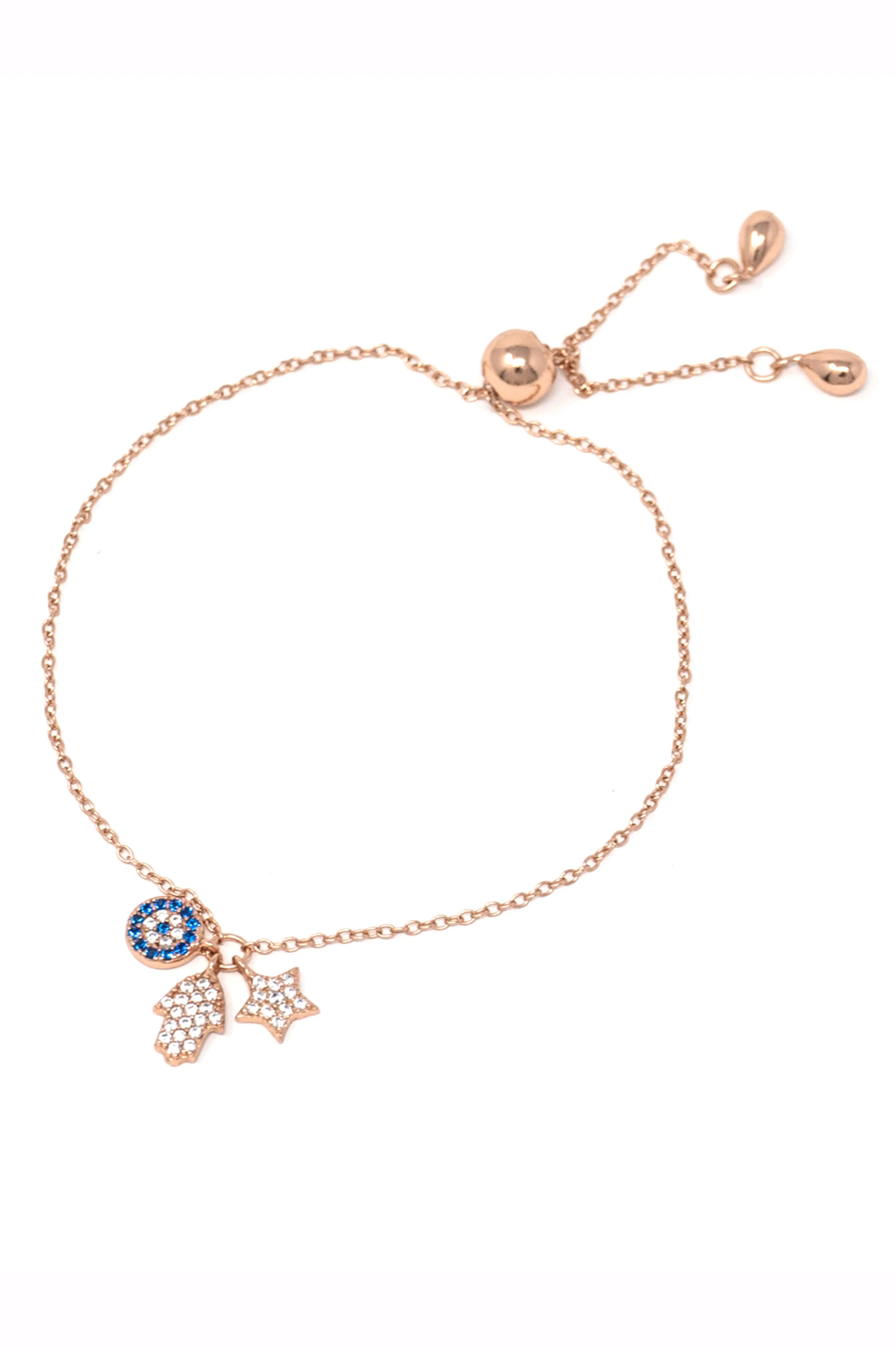Hamsa Evil Eye Charm Rose Gold Plated Sterling Silver Pull Chain Bracelet
