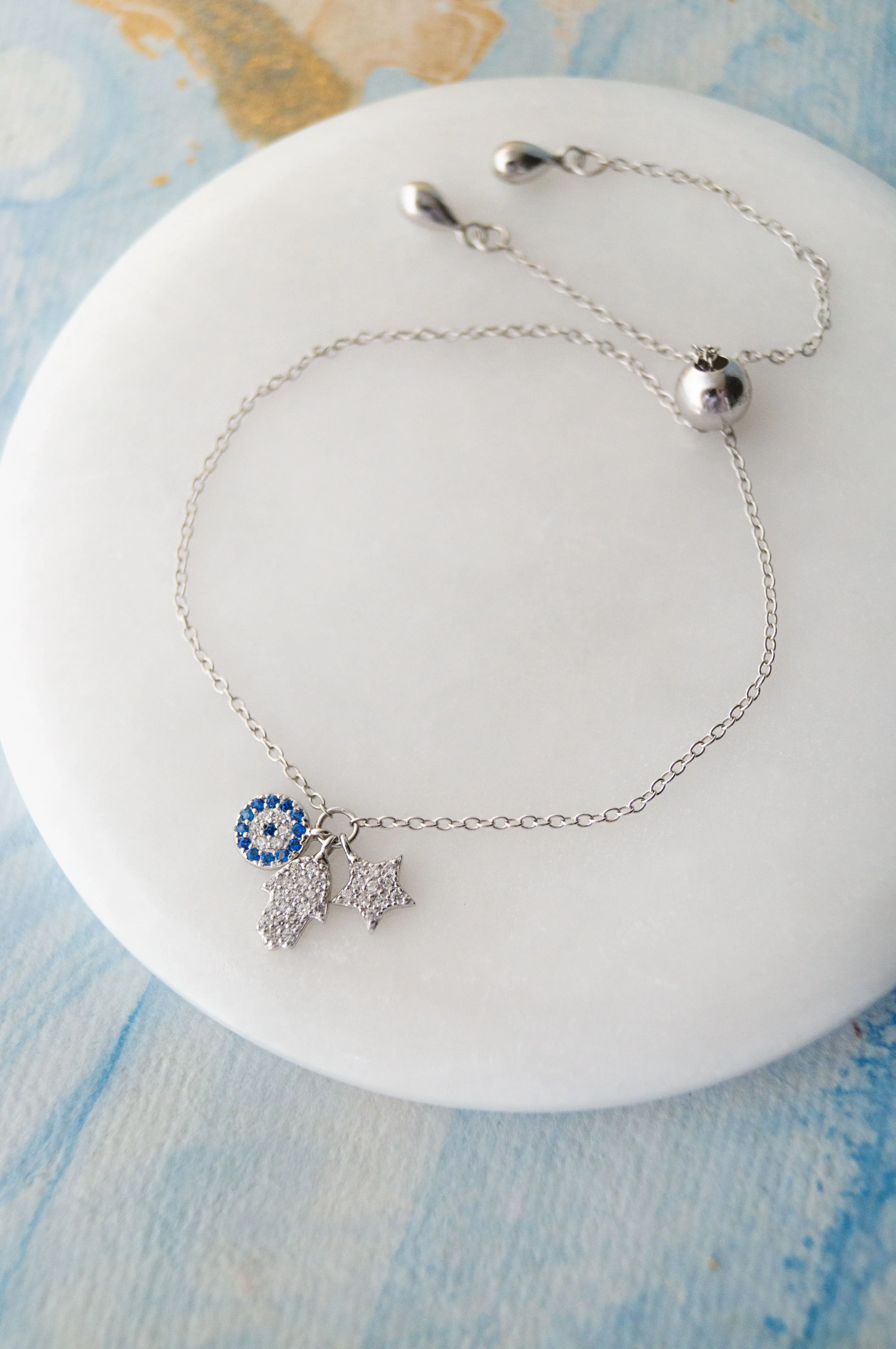 Hamsa Evil Eye Charm Rose Gold Plated Sterling Silver Pull Chain Bracelet