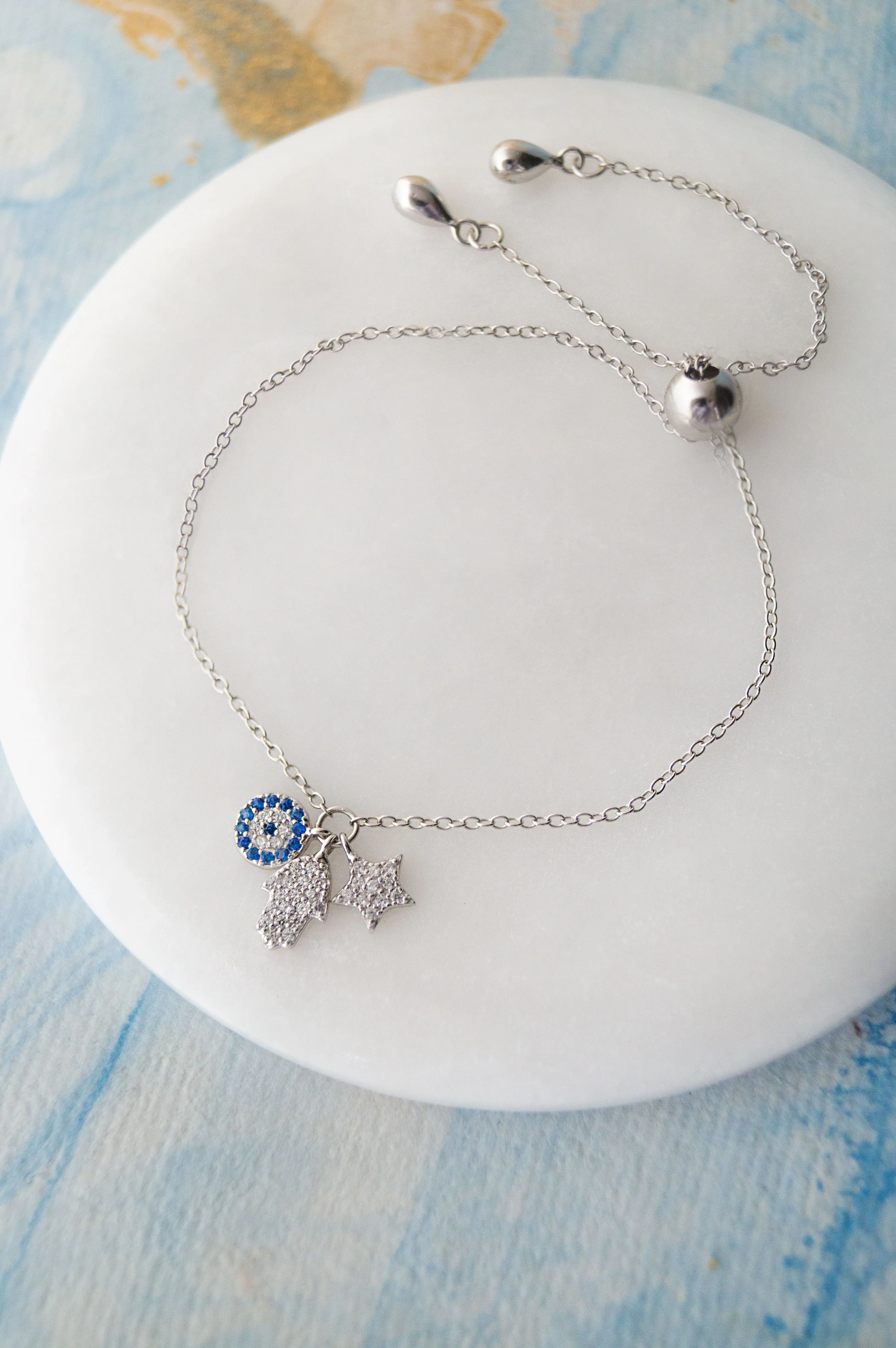 Hamsa Evil Eye Charm Rose Gold Plated Sterling Silver Pull Chain Bracelet