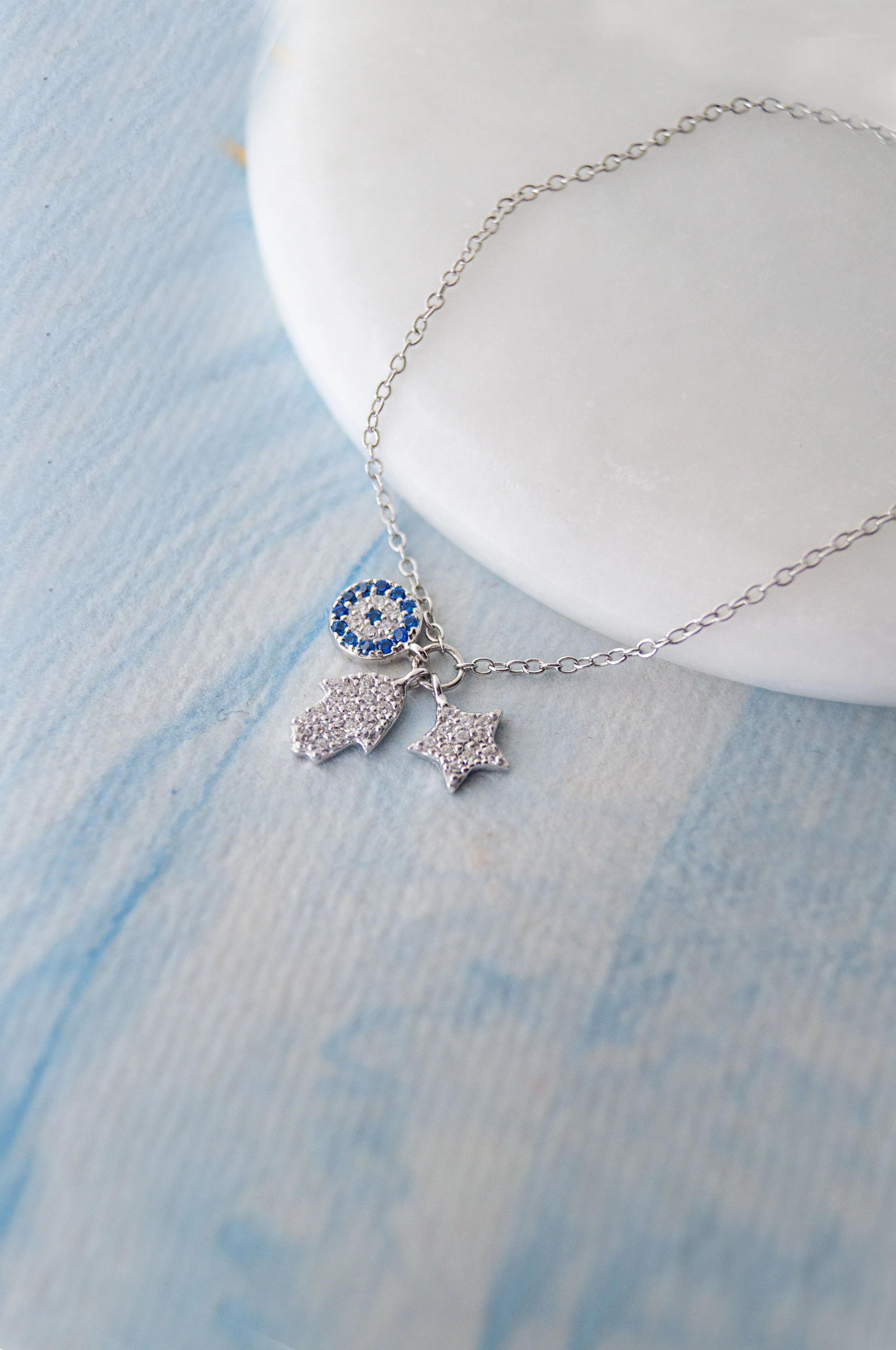 Hamsa Evil Eye Charm Rose Gold Plated Sterling Silver Pull Chain Bracelet