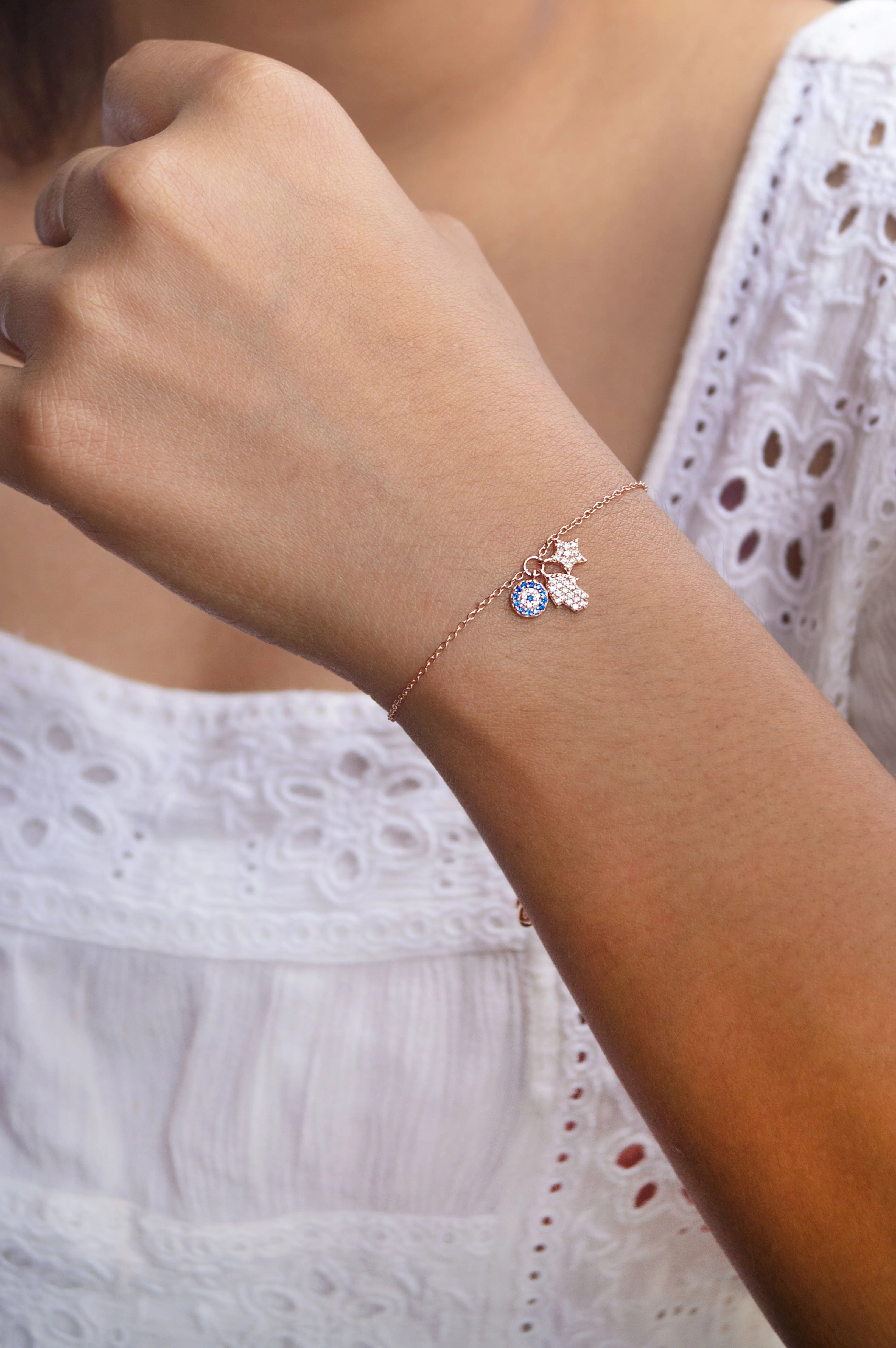 Hamsa Evil Eye Charm Rose Gold Plated Sterling Silver Pull Chain Bracelet